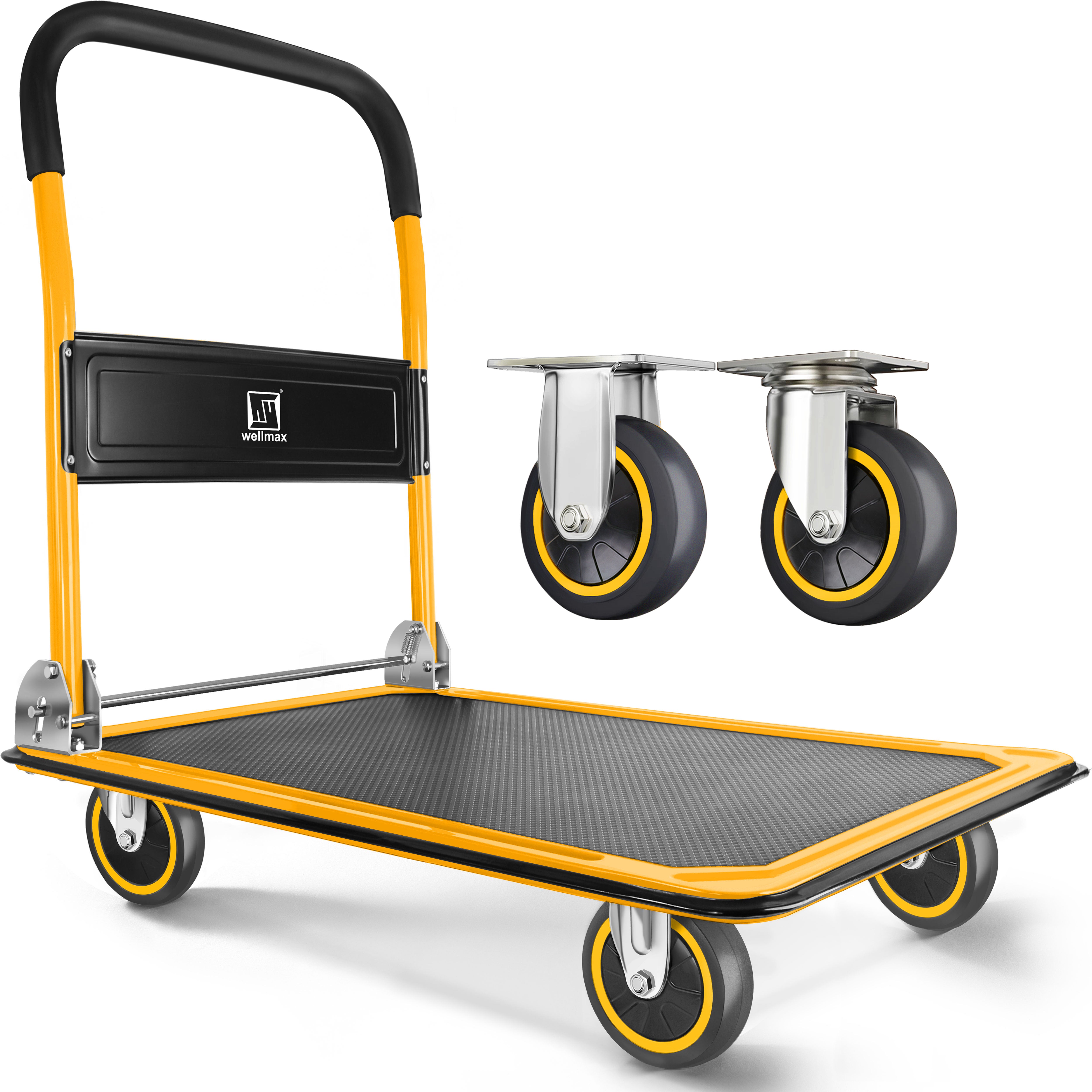Push Cart Dolly by Wellmax, Moving Platform Hand Truck, Foldable for Easy Storage and 360 Degree Swivel Wheels with 660lb Weight Capacity, Yellow Color