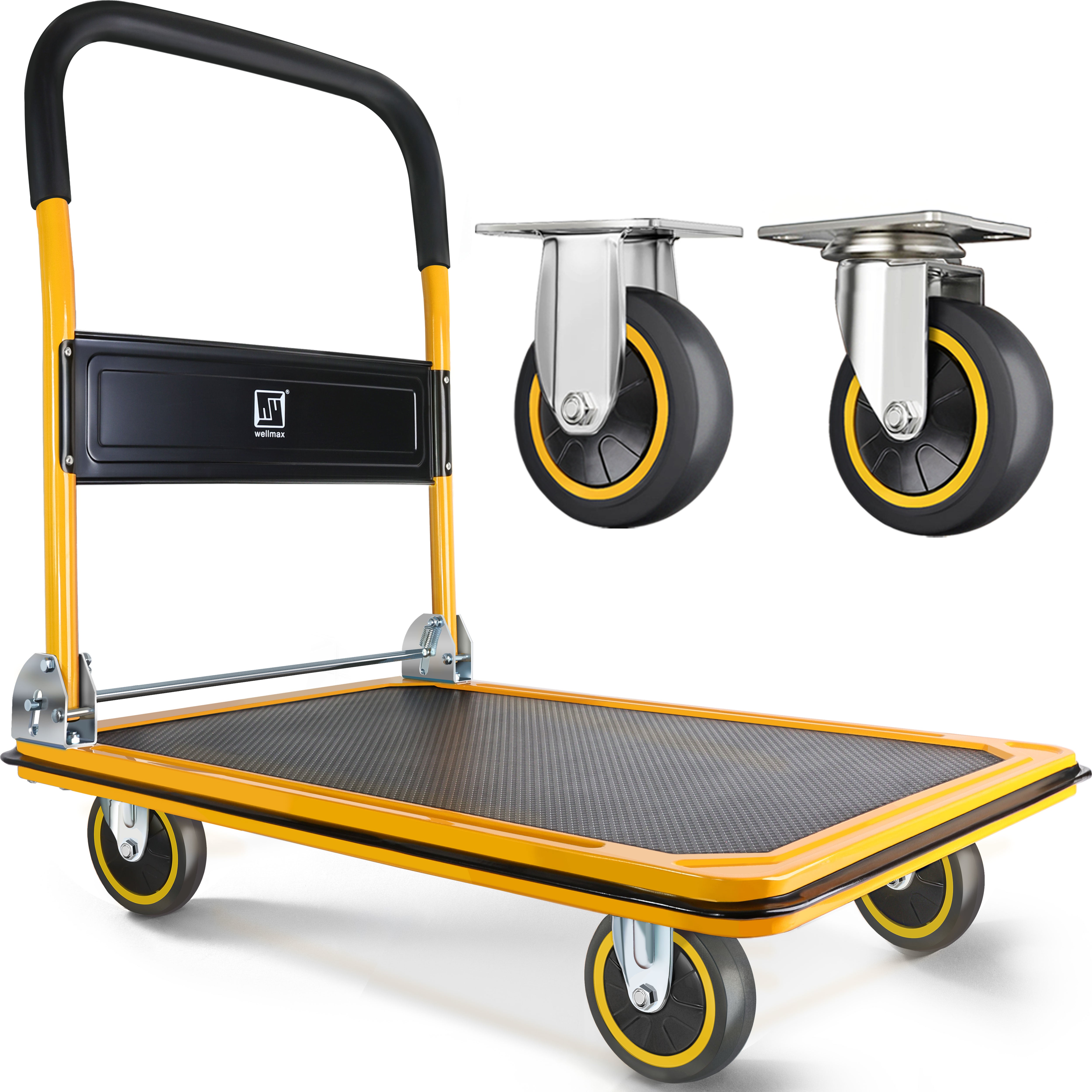 Push Cart Dolly by Wellmax, Moving Platform Hand Truck, Foldable for Easy Storage and 360 Degree Swivel Wheels with 660lb Weight Capacity, Yellow Color
