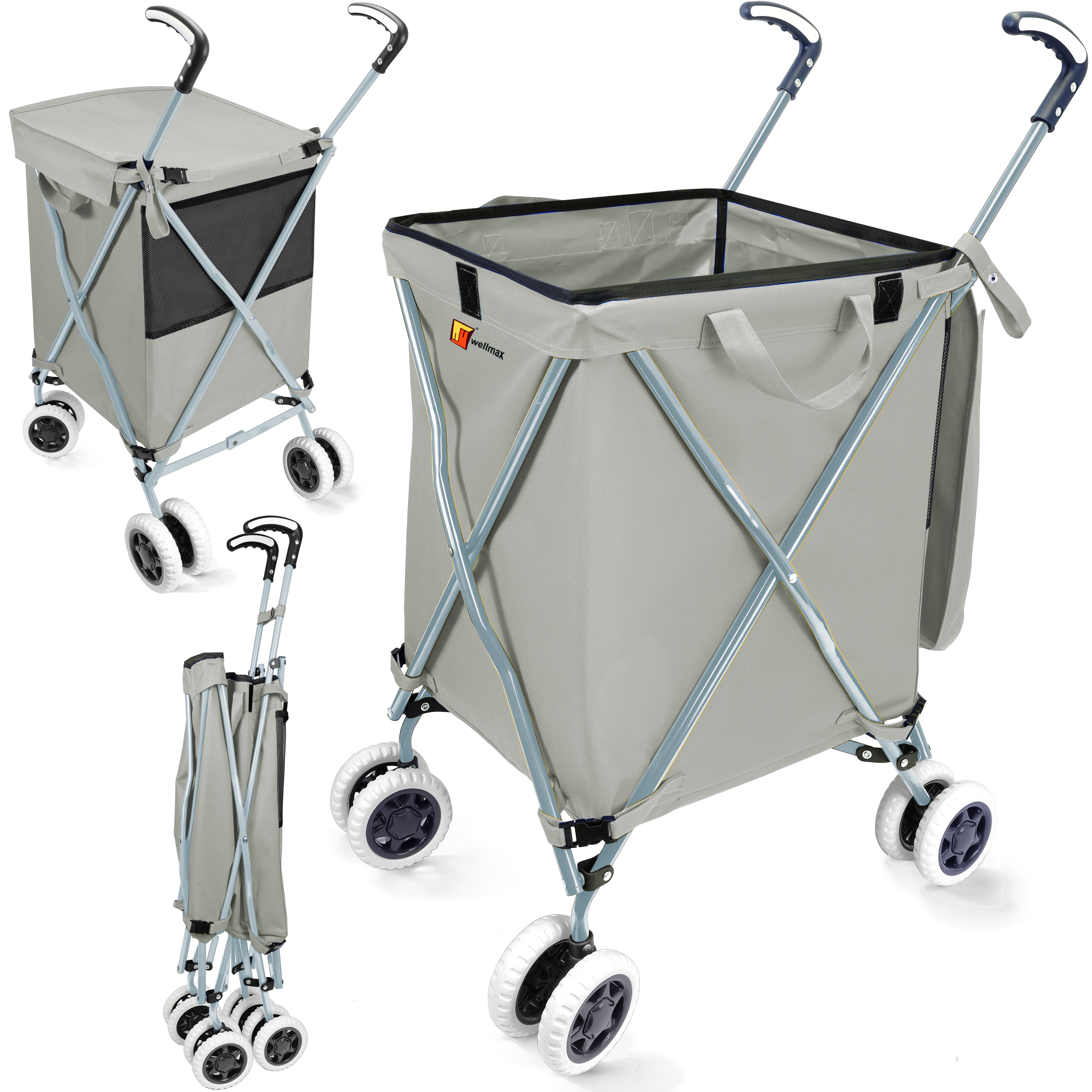 Wellmax WM99100 Series Folding Shopping Cart with Wheels, Grocery Cart with Removable Canvas with Cover, Lightweight Utility Cart for Groceries and Laundry - Holds up to 120 lbs