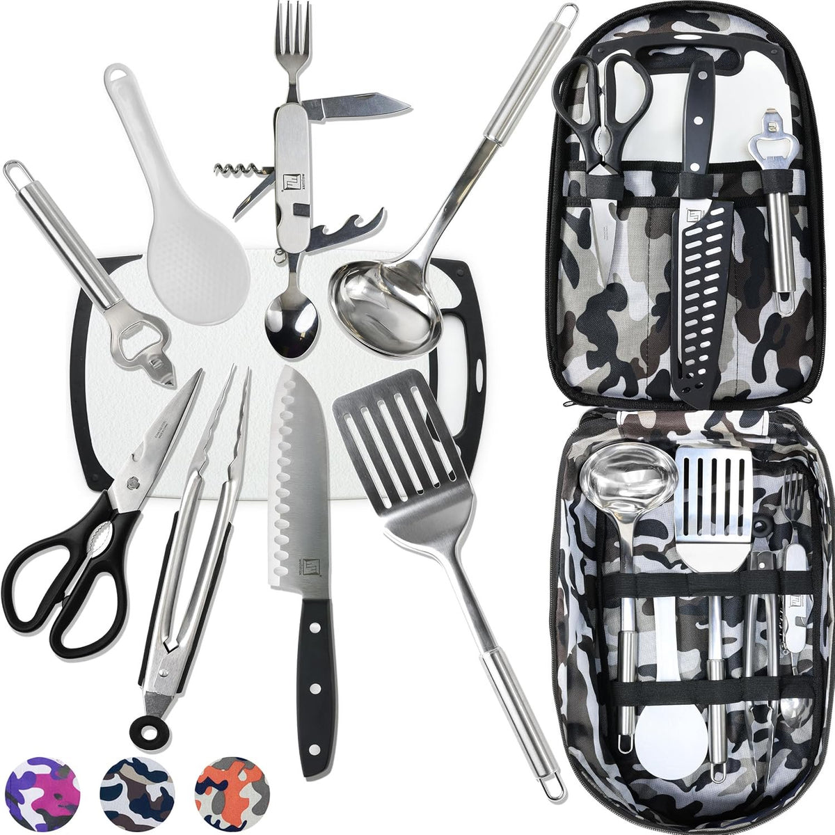 Wellmax Camping Utensils Cooking Set, Camping cookware with Kitchen Knife and Equipment, Camping Accessories and Supplies with Travel Organizer, Grey Camo Color