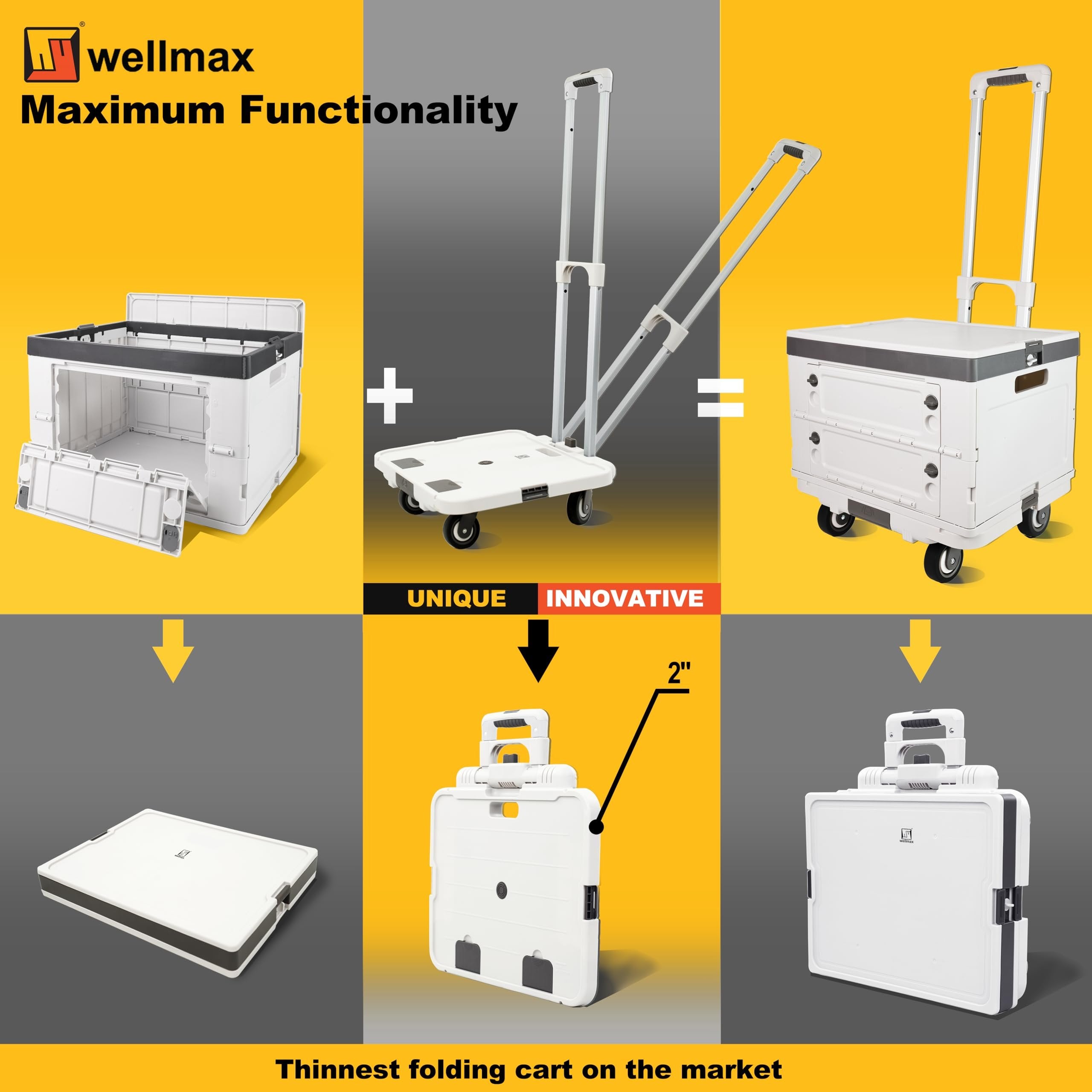 Wellmax WM99800 Series Rolling Crate with Wheels, Foldable Utility Cart with Aluminum Handle, Silent Wheels, 132 lbs Capacity - Ideal for Teachers, Shopping, & Office