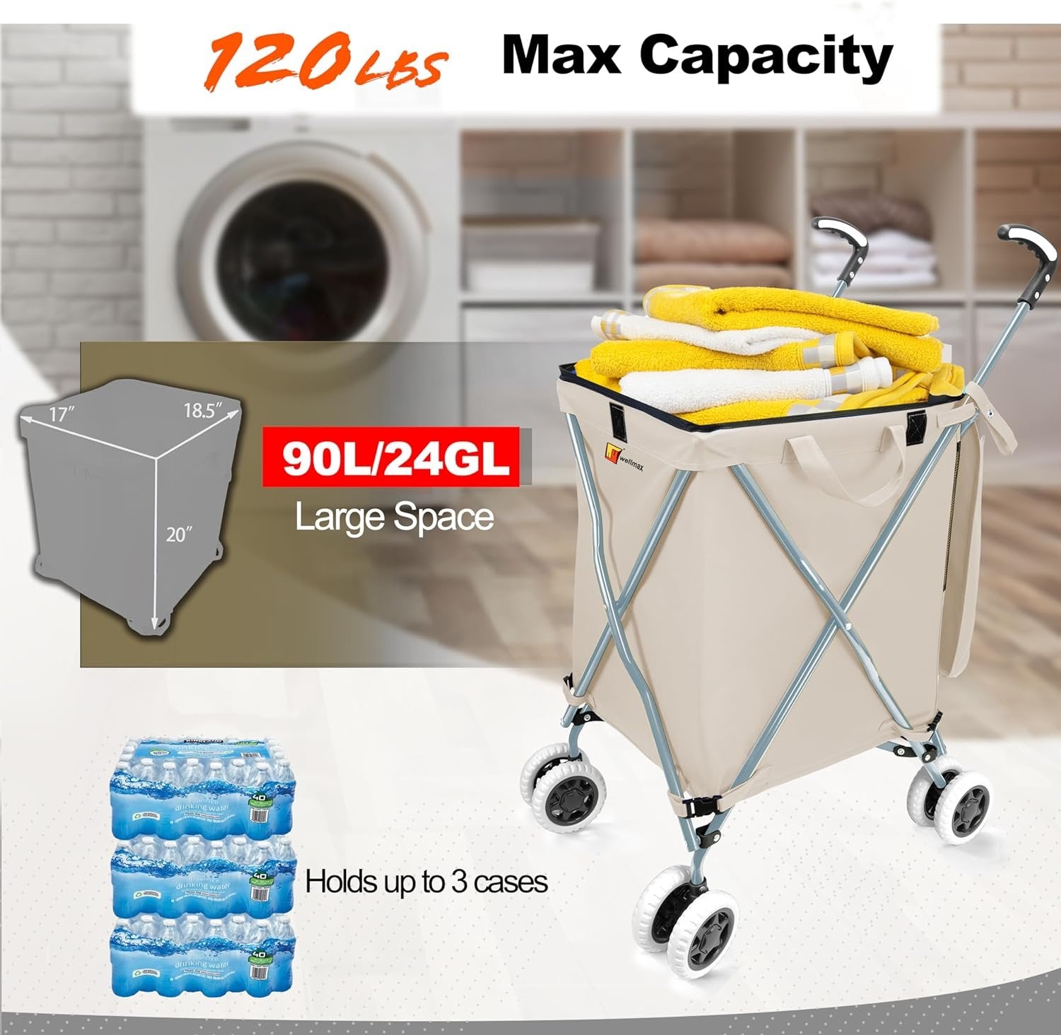 Wellmax WM99100 Series Folding Shopping Cart with Wheels, Grocery Cart with Removable Canvas with Cover, Lightweight Utility Cart for Groceries and Laundry - Holds up to 120 lbs