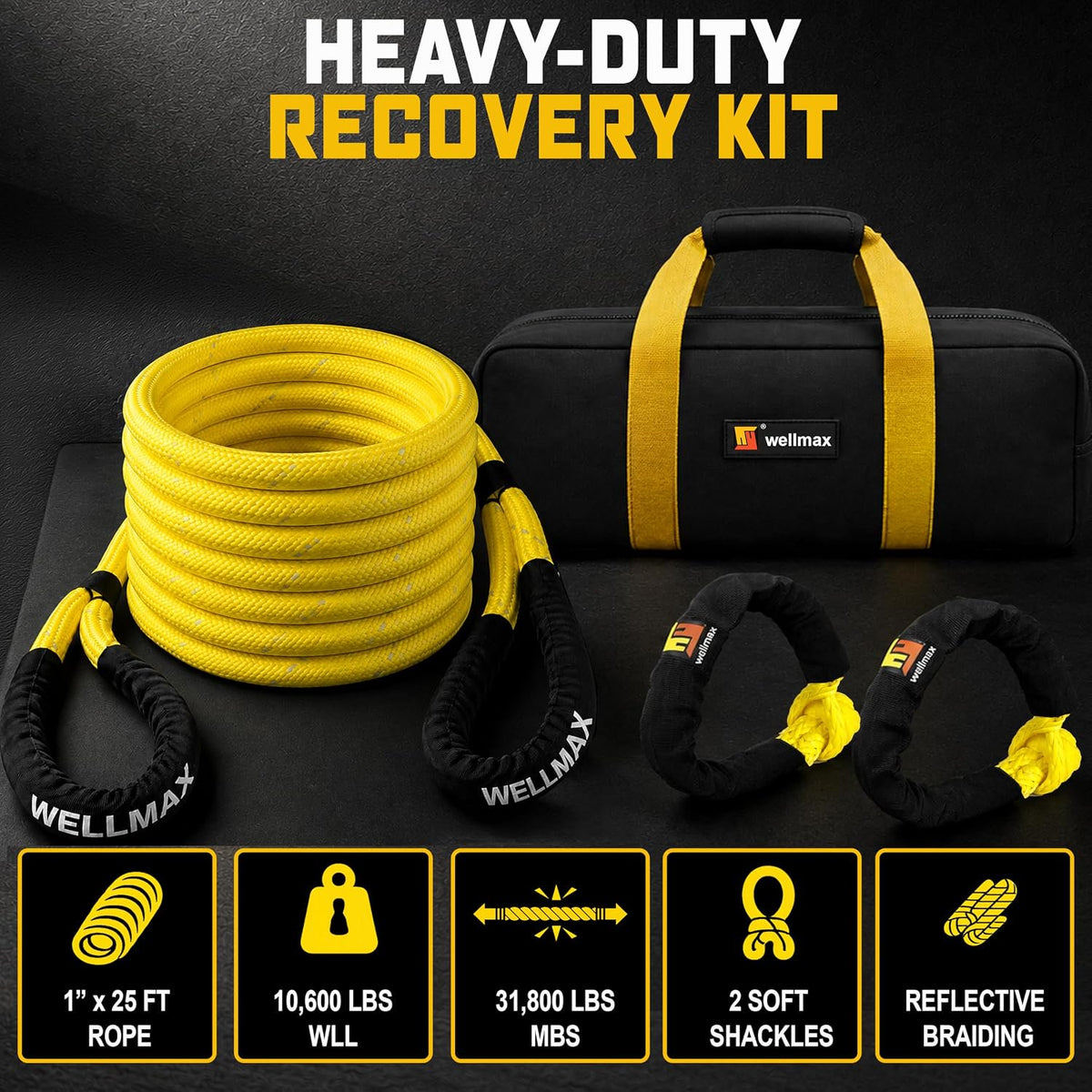 Wellmax Kinetic Recovery Rope Kit 1in x 25FT Tow Rope + 2 Soft Shackles