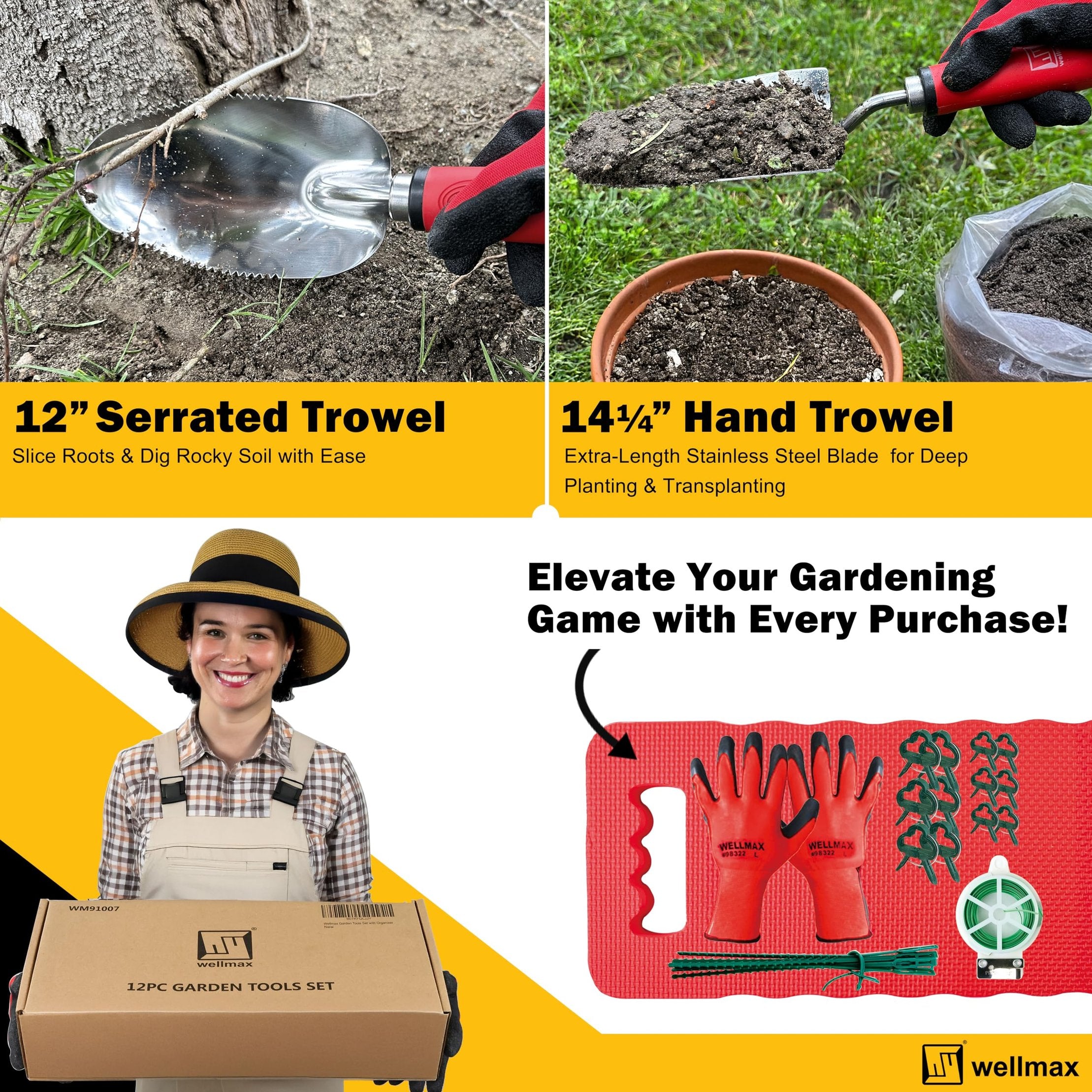 Wellmax Garden Tools Set of 12 with Gardening Gloves, Pruning Shear and 7 Piece Stainless Steel Hand Digging Tool Heavy Duty kit