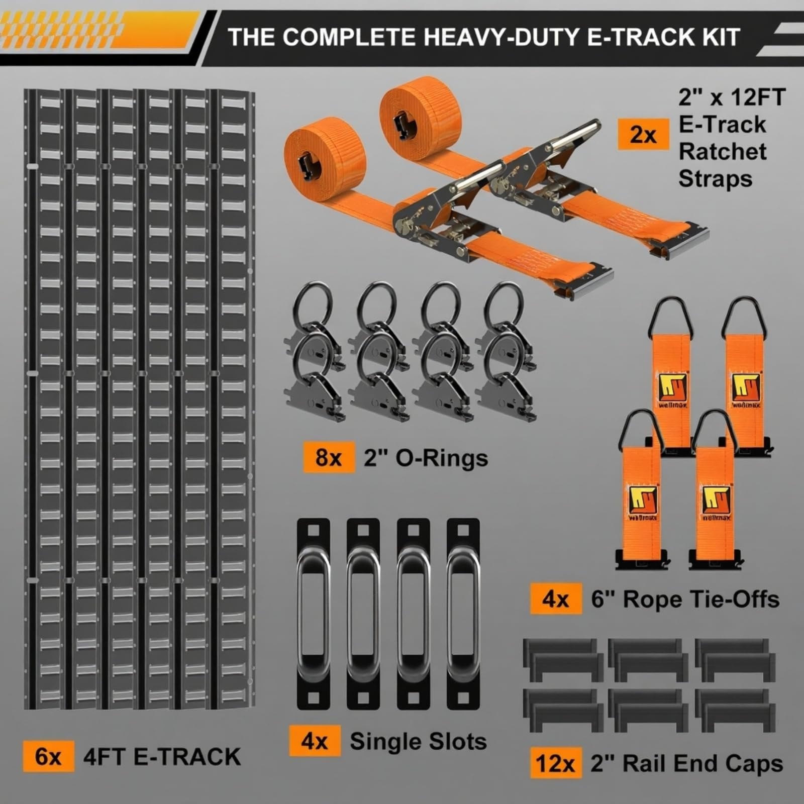 Wellmax 36PC E Track Rail Kit – Heavy Duty Rails, Ratchet Straps, O-Rings & Tie-Offs – E Track Accessories for Enclosed Trailers, Trucks, Vans & Cargo Tie Down Systems
