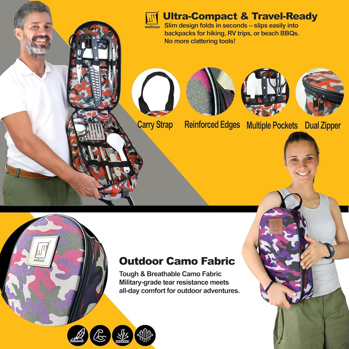 Wellmax Camping Utensils Cooking Set, Camping cookware with Kitchen Knife and Equipment, Camping Accessories and Supplies with Travel Organizer