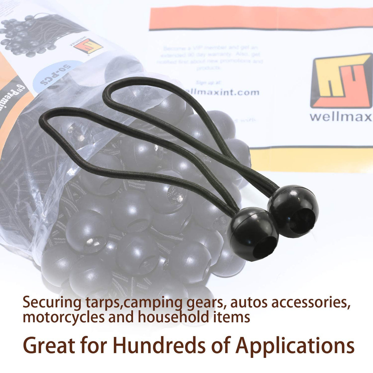 6 Inch Black 50PC 6 inch 50 Piece Heavy Duty 5mm Ball Bungee Canopy Cord By Wellmax, White Color