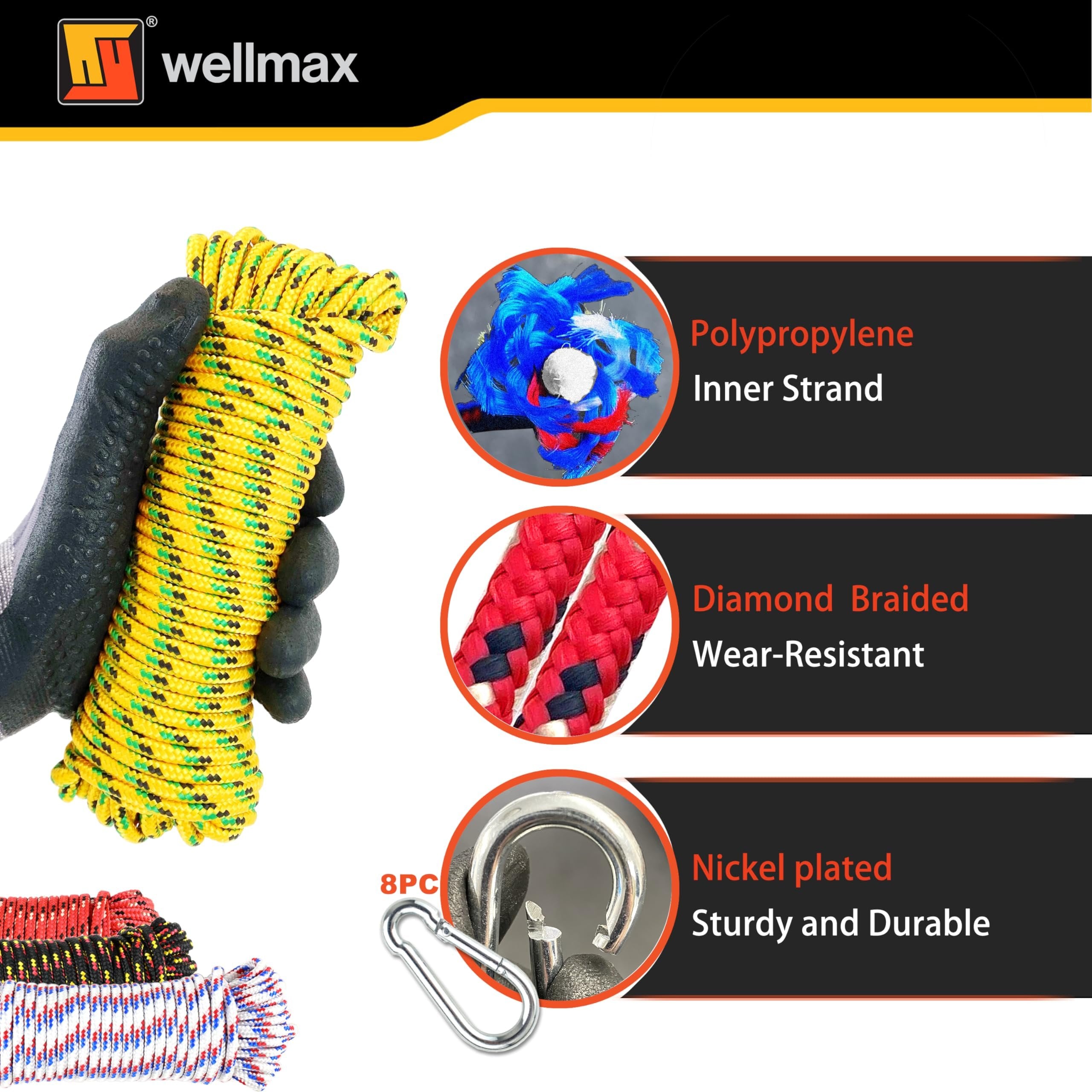 Wellmax 4 Pack 3/16" x 50ft Diamond Braided Polypropylene Rope with UV Treatment and Weather Resistant, Assorted Color