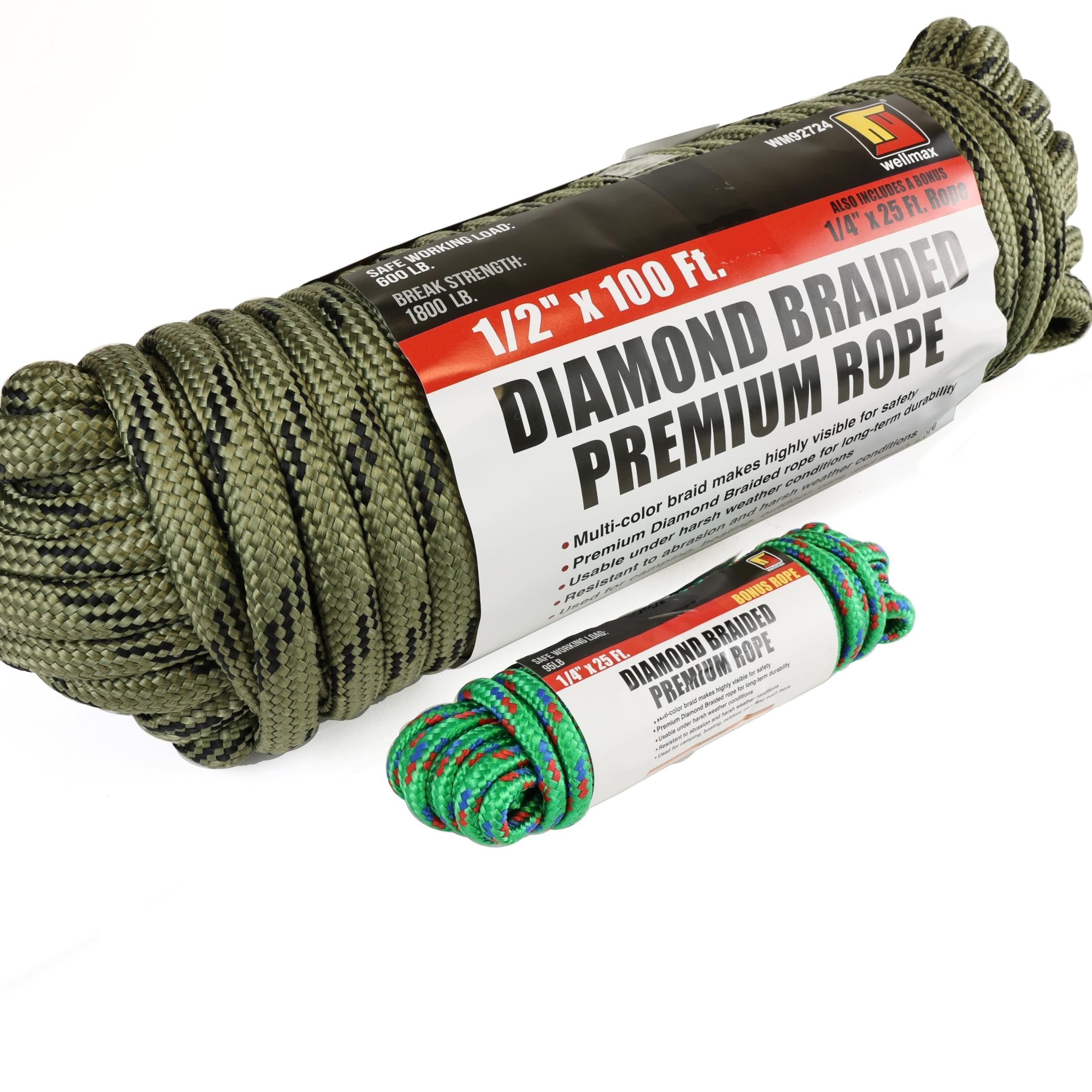Wellmax Diamond Braid Nylon Rope, 1/2 in X 100 Foot with UV Protection and Weather Resistance, Camo