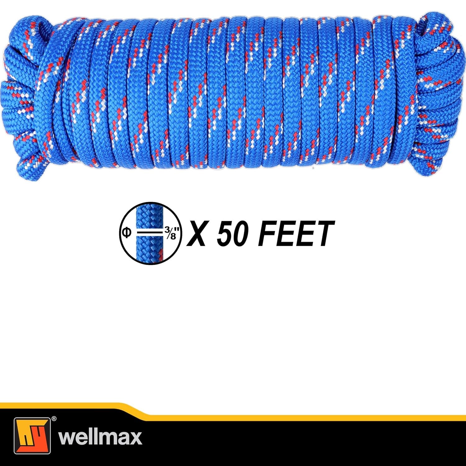 Wellmax Diamond Braid Nylon Rope – Extra Thick All Purpose Braided Flag Line Utility Line with Shock Absorption – UV Resistant, High Strength & Weather Resistant - 3/8" X 50FT