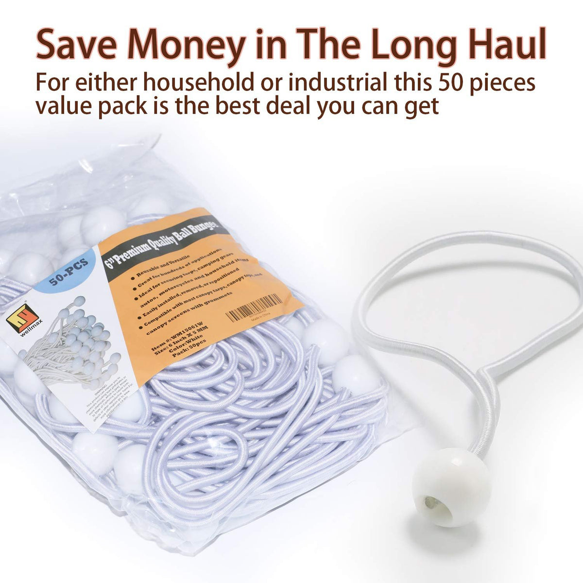 6 Inch White 50PC 6 inch 50 Piece Heavy Duty 5mm Ball Bungee Canopy Cord By Wellmax, White Color