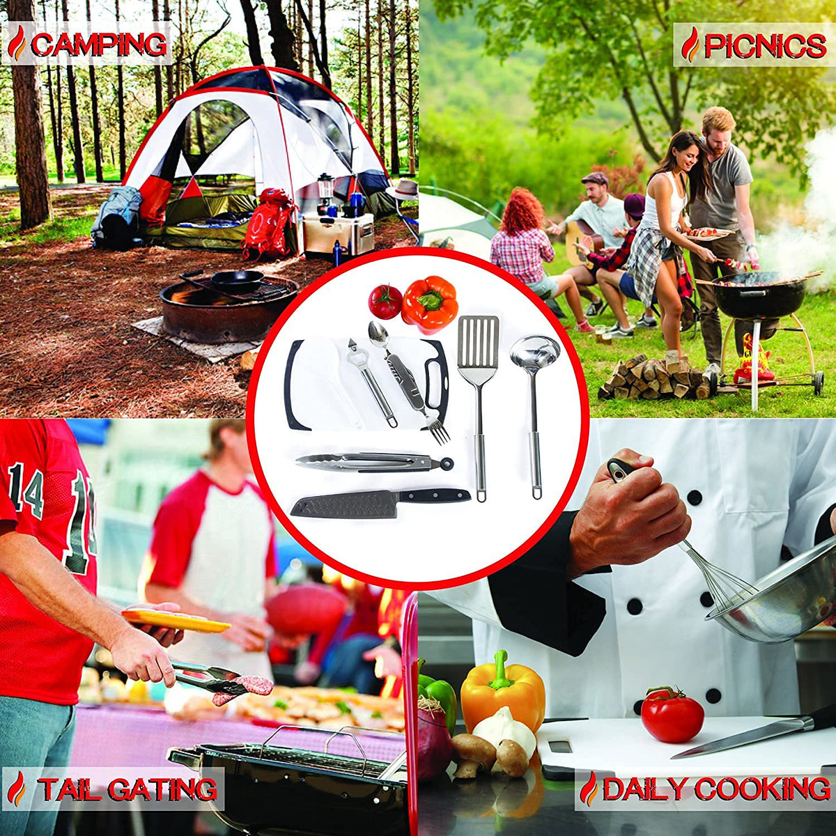 Wellmax Camping Utensils Cooking Set, Camping cookware with Kitchen Knife and Equipment, Camping Accessories and Supplies with Travel Organizer, Orange Camo Color
