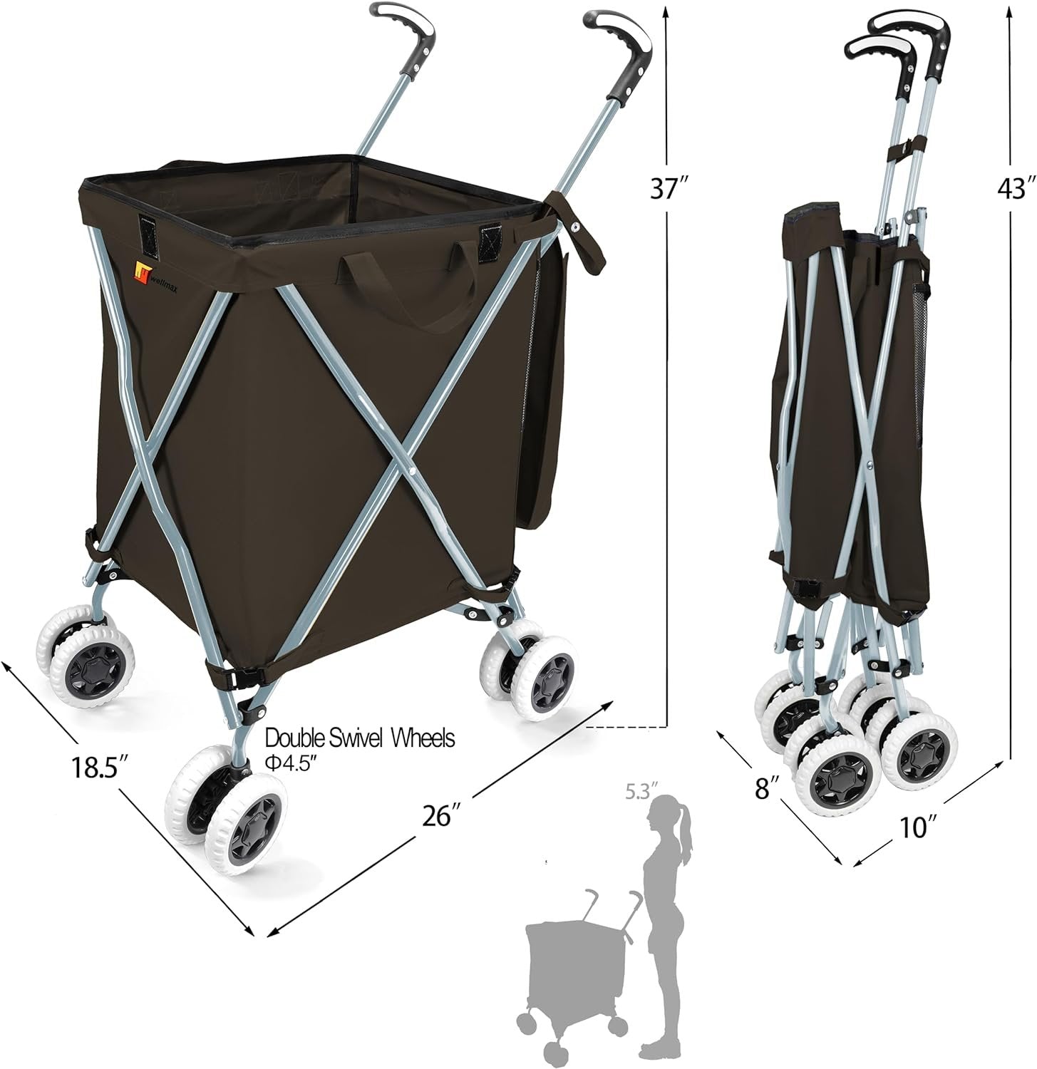 Wellmax WM99100 Series Folding Shopping Cart with Wheels, Grocery Cart with Removable Canvas with Cover, Lightweight Utility Cart for Groceries and Laundry - Holds up to 120 lbs