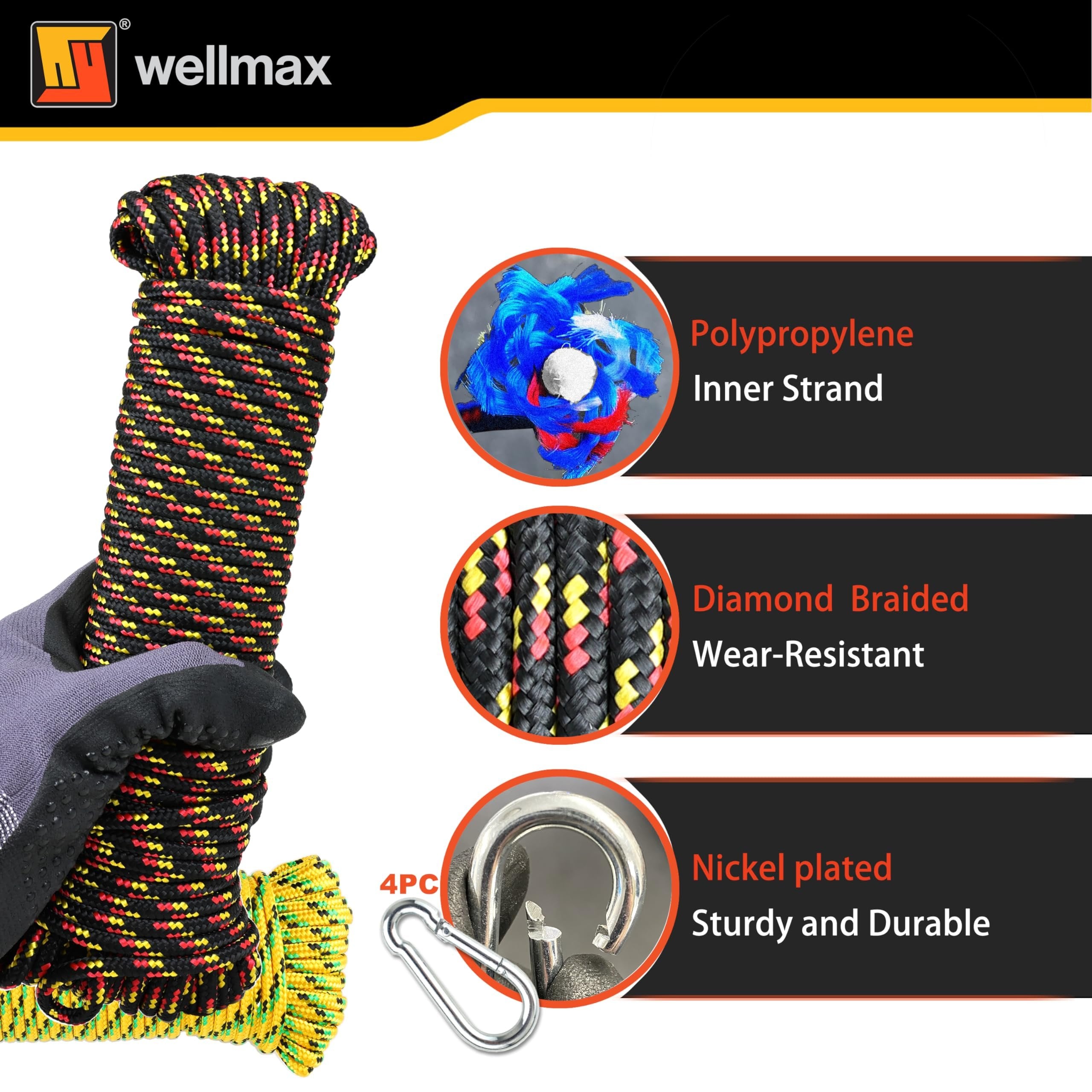 Wellmax 3/16" x 100' Diamond Braided Polypropylene Rope with UV Protection and Weather Resistance, Yellow/Black - 2 Pack