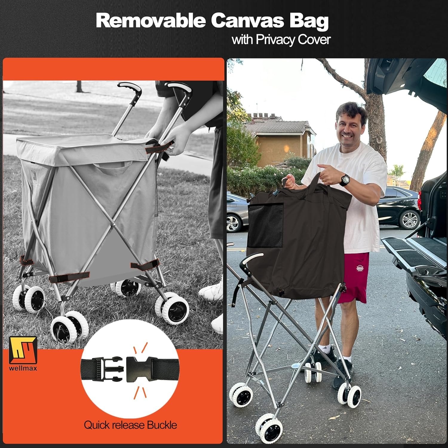 Wellmax WM99100 Series Folding Shopping Cart with Wheels, Grocery Cart with Removable Canvas with Cover, Lightweight Utility Cart for Groceries and Laundry - Holds up to 120 lbs