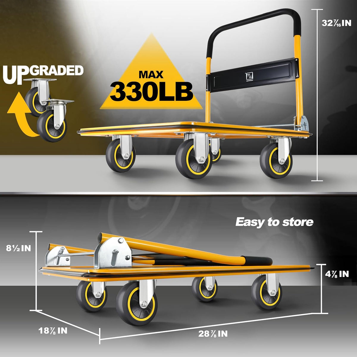 Push Cart Dolly by Wellmax, Moving Platform Hand Truck, Foldable for Easy Storage and 360 Degree Swivel Wheels with 660lb Weight Capacity, Yellow Color