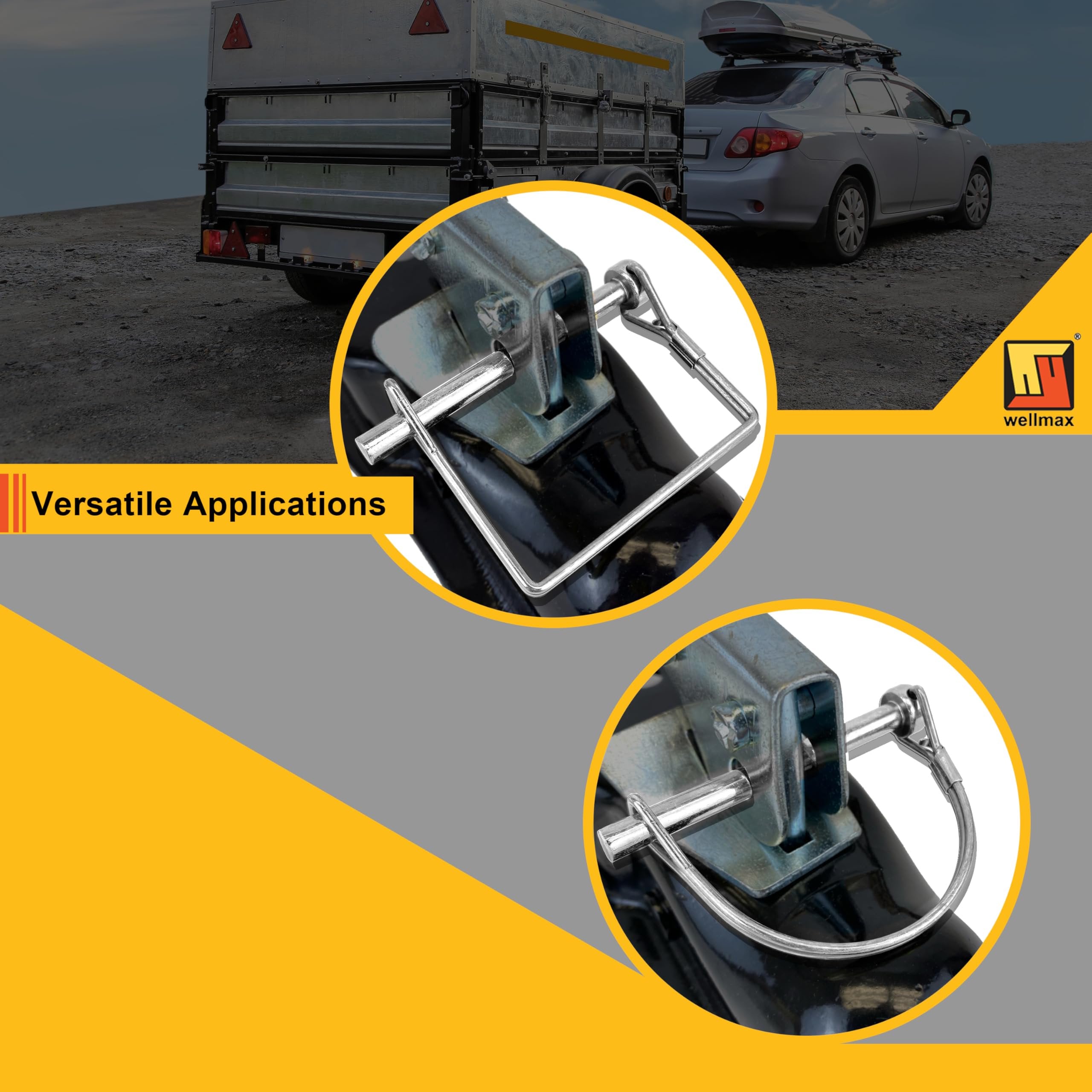 Wellmax 12-Pack Trailer Hitch Pin Assortment, 1/4" and 5/16" Diameter, Square and Arch Wire Lock Pins, Zinc-Plated Carbon Steel Safety Pins for PTO, Farm, Mower, and Boat Trailer Couplers