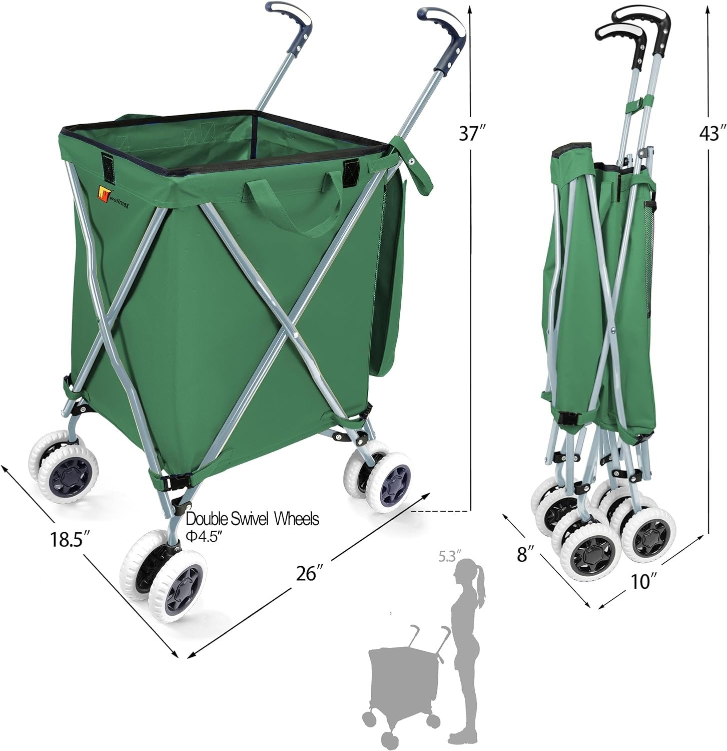 Wellmax WM99100 Series Folding Shopping Cart with Wheels, Grocery Cart with Removable Canvas with Cover, Lightweight Utility Cart for Groceries and Laundry - Holds up to 120 lbs