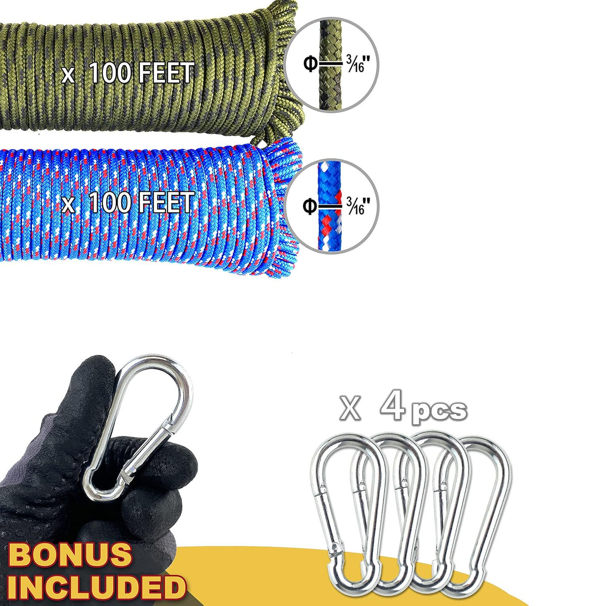 Wellmax Diamond Braided Polypropylene Rope with UV Treatment and Weather Resistant, 4 Pack 3/16 inch x 50ft Multi-Color