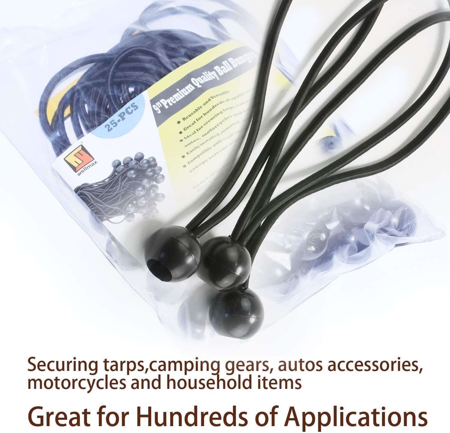 9 Inch Black 25PC 6 inch 50 Piece Heavy Duty 5mm Ball Bungee Canopy Cord By Wellmax, White Color