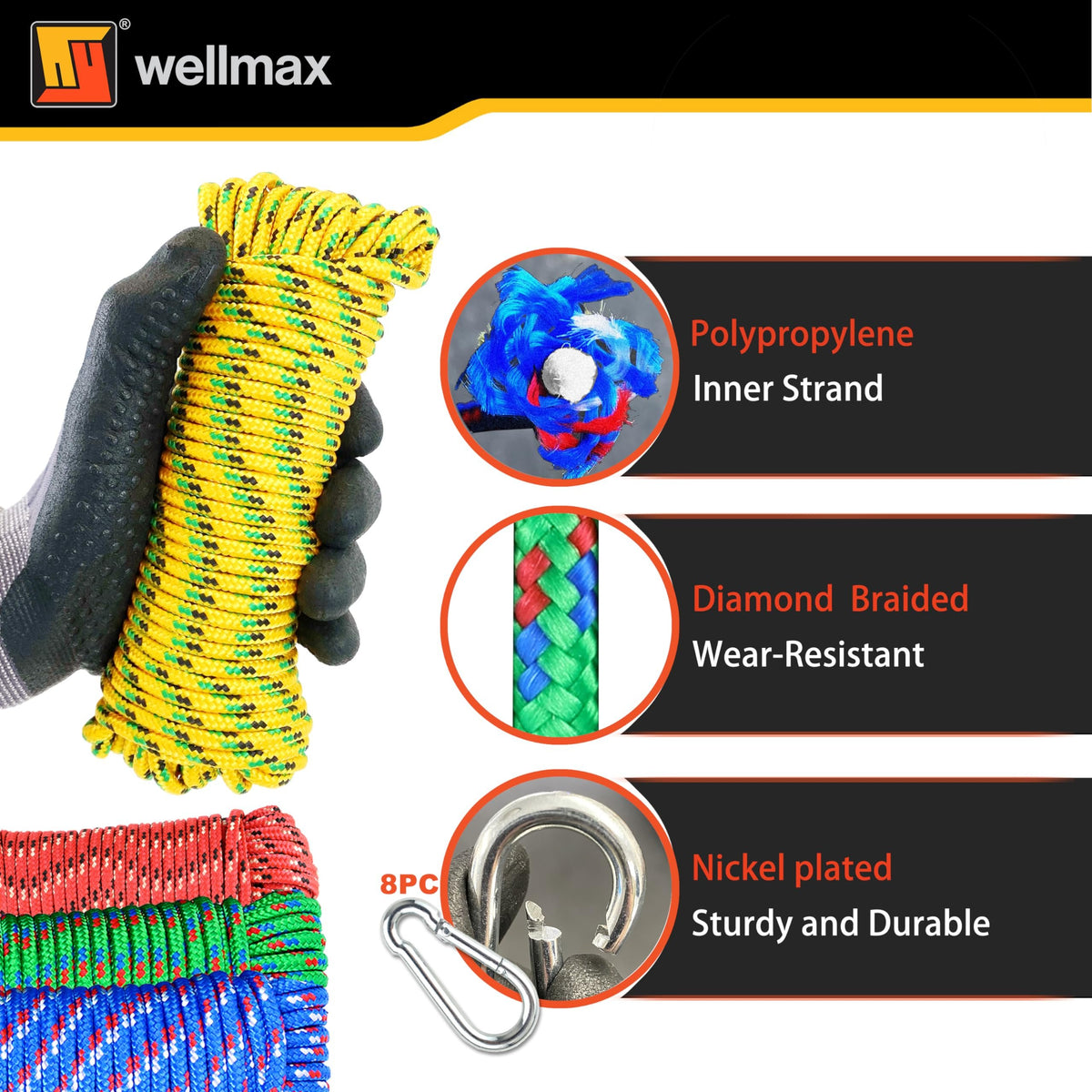 Wellmax 4 Pack 3/16" x 50ft Diamond Braided Polypropylene Rope with UV Treatment and Weather Resistant, Assorted Multi-Color