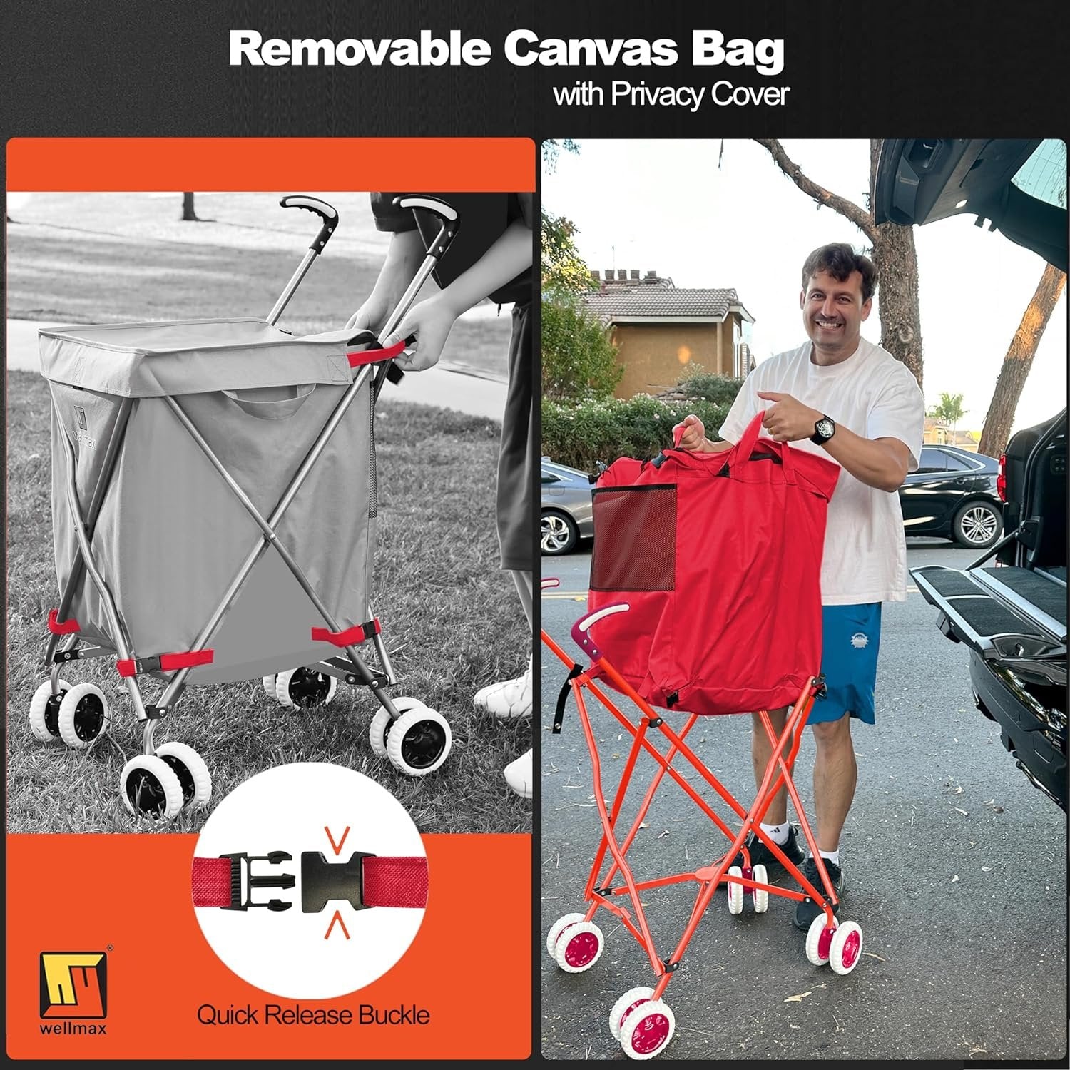 Wellmax WM99100 Series Folding Shopping Cart with Wheels, Grocery Cart with Removable Canvas with Cover, Lightweight Utility Cart for Groceries and Laundry - Holds up to 120 lbs