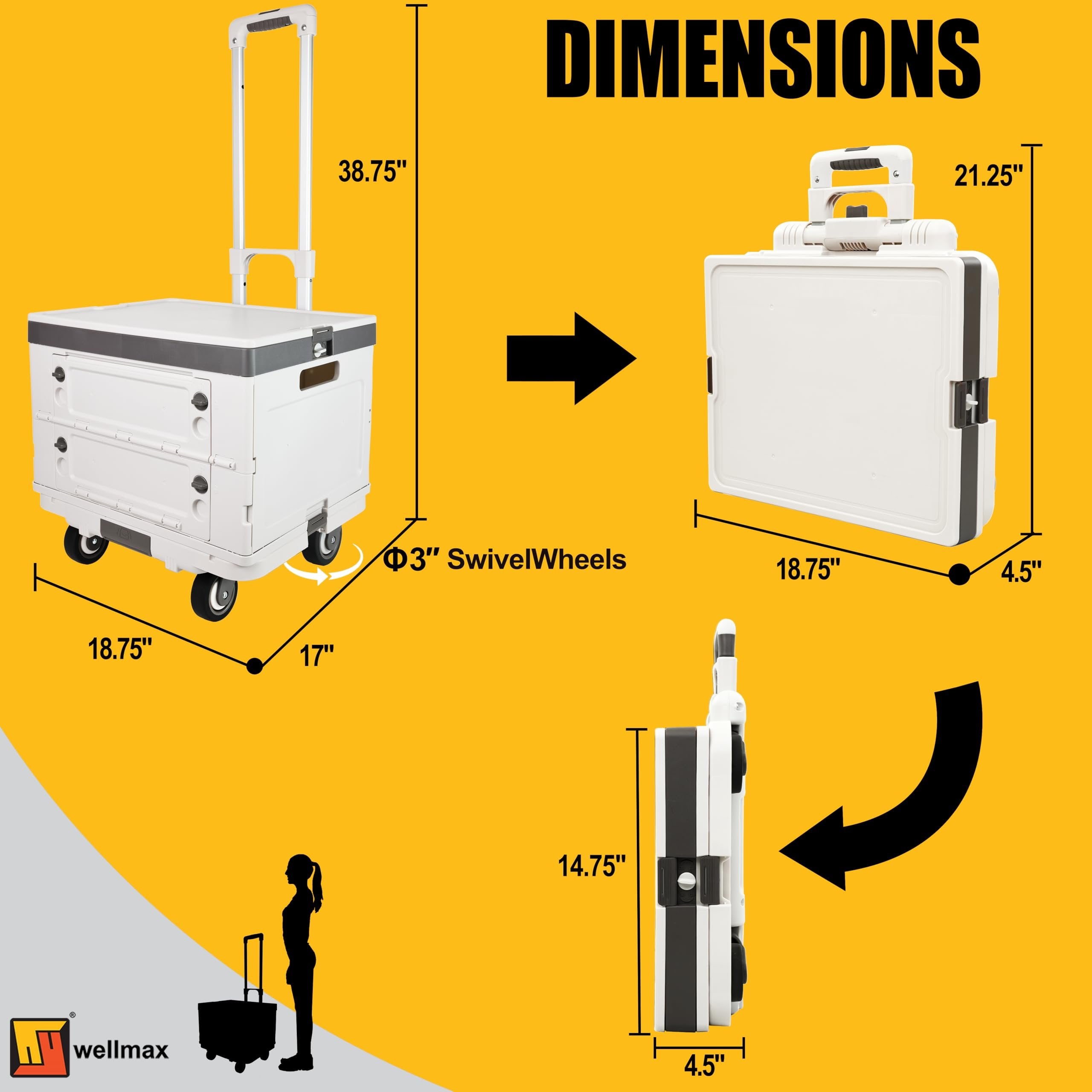 Wellmax WM99800 Series Rolling Crate with Wheels, Foldable Utility Cart with Aluminum Handle, Silent Wheels, 132 lbs Capacity - Ideal for Teachers, Shopping, & Office