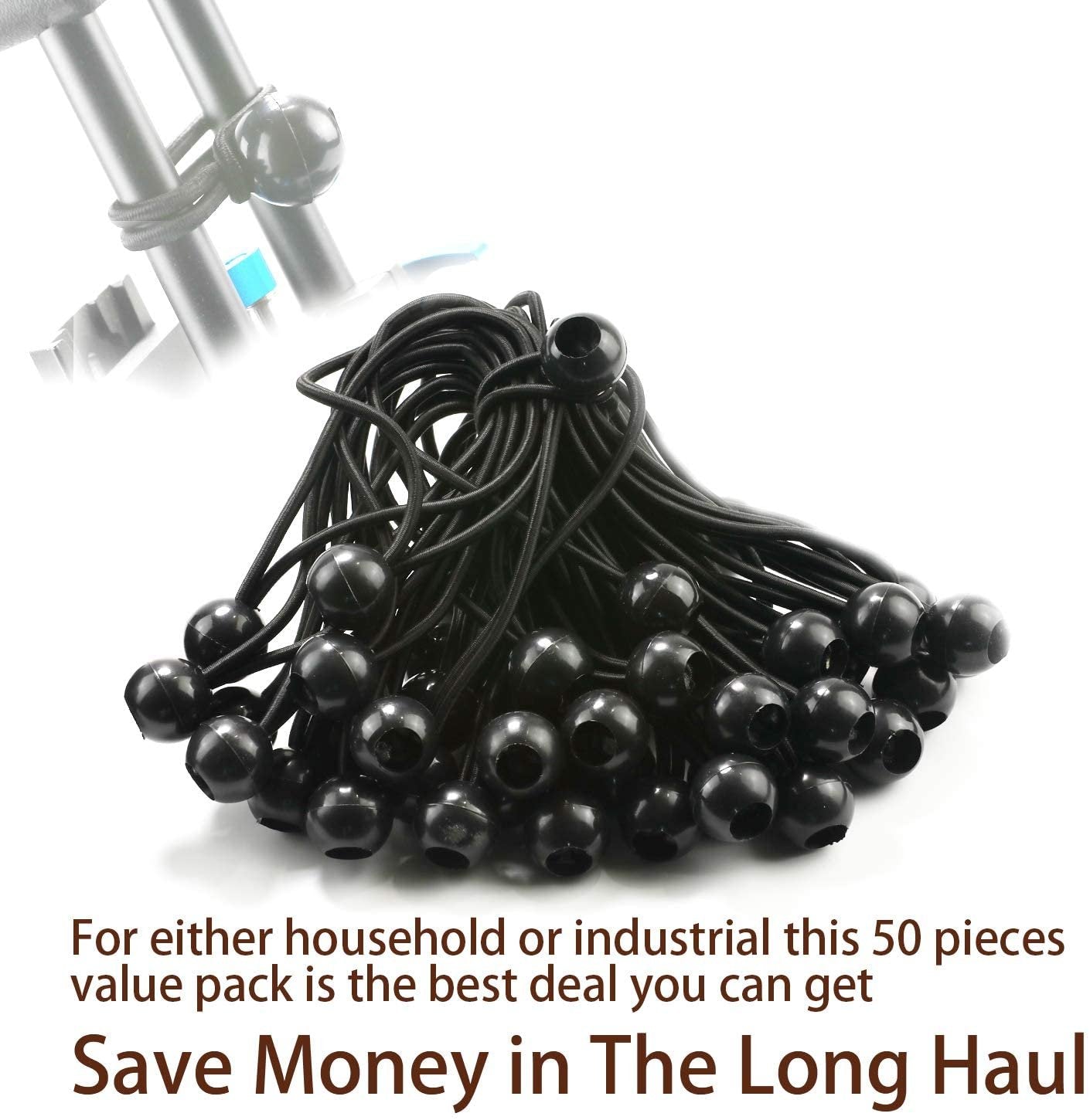6 Inch Black 50PC 6 inch 50 Piece Heavy Duty 5mm Ball Bungee Canopy Cord By Wellmax, White Color