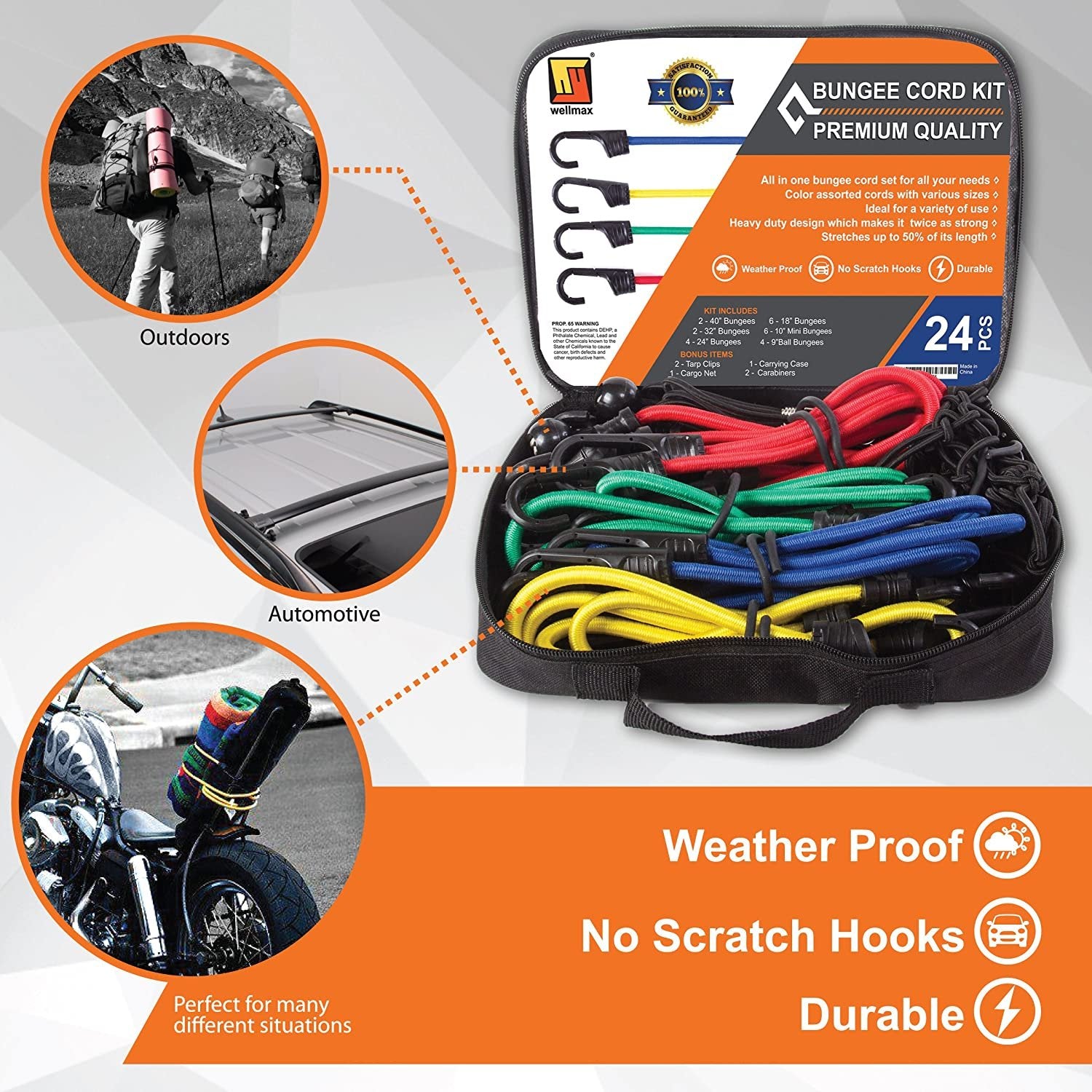 Wellmax Bungee Cords Hook Assortment Bag, 28pc Set with Bonus Cargo Net Cover and Canopy Ties Attached with Plastic Coated Metal Hooks