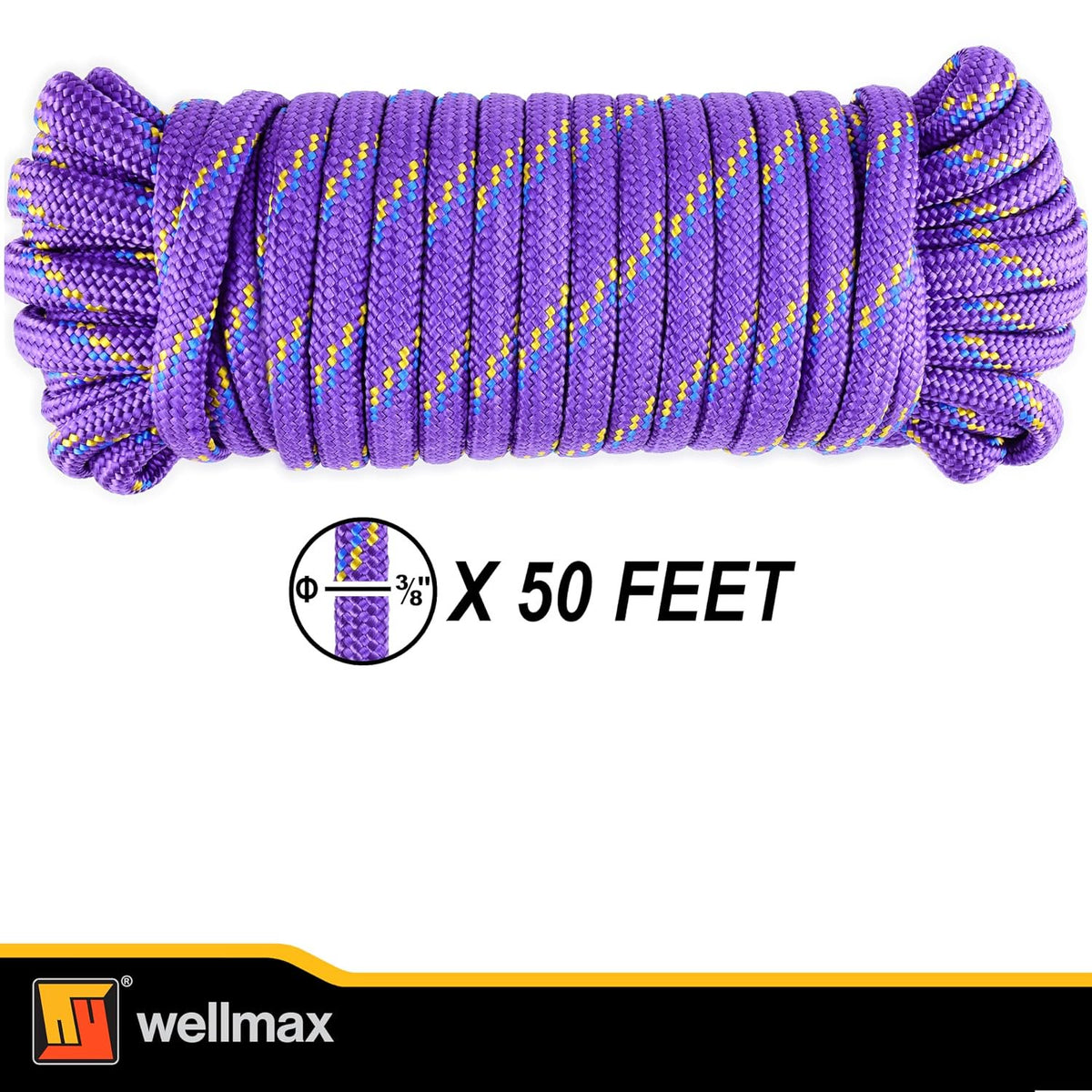 Wellmax Diamond Braid Nylon Rope – Extra Thick All Purpose Braided Flag Line Utility Line with Shock Absorption – UV Resistant, High Strength & Weather Resistant - 3/8" X 50FT