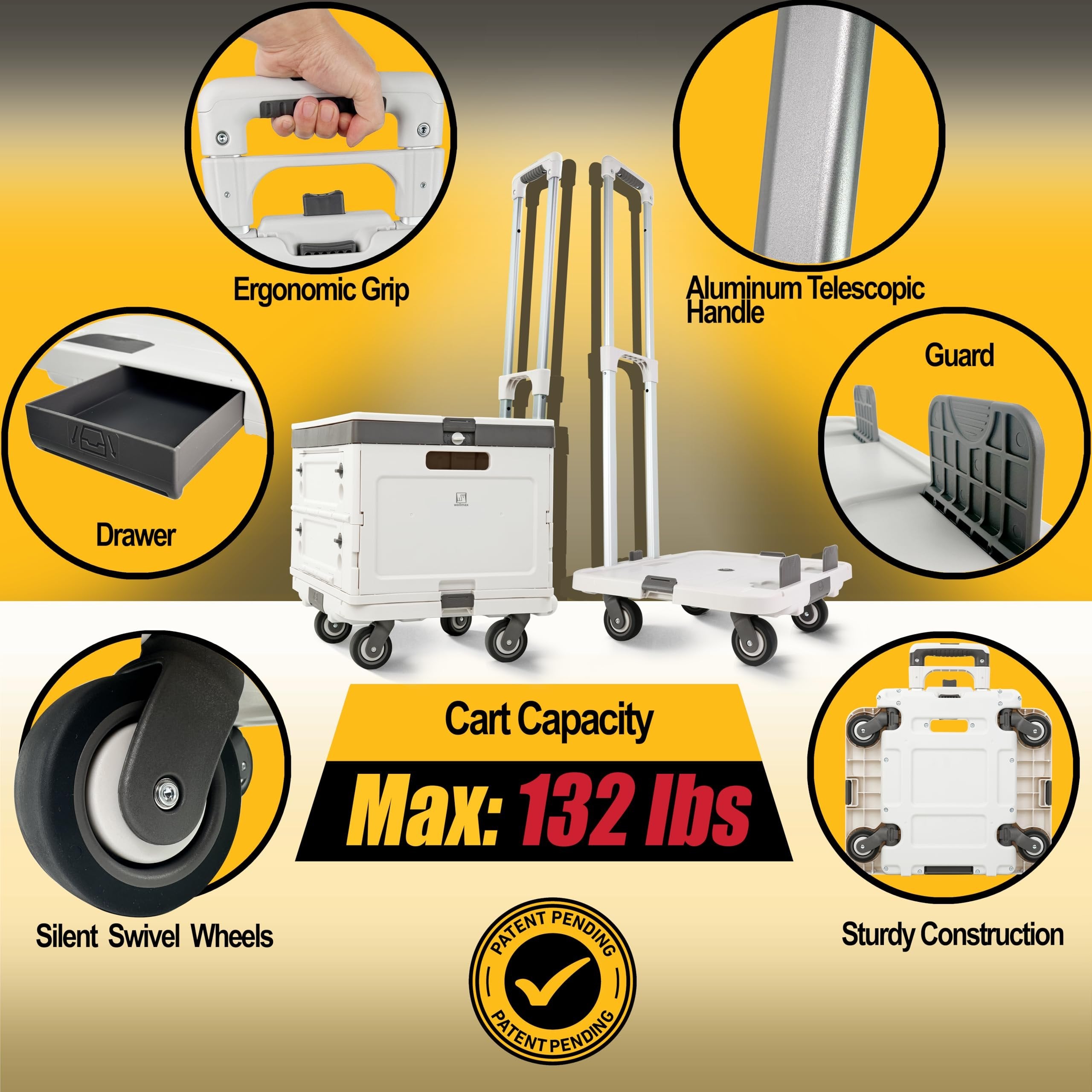 Wellmax WM99800 Series Rolling Crate with Wheels, Foldable Utility Cart with Aluminum Handle, Silent Wheels, 132 lbs Capacity - Ideal for Teachers, Shopping, & Office
