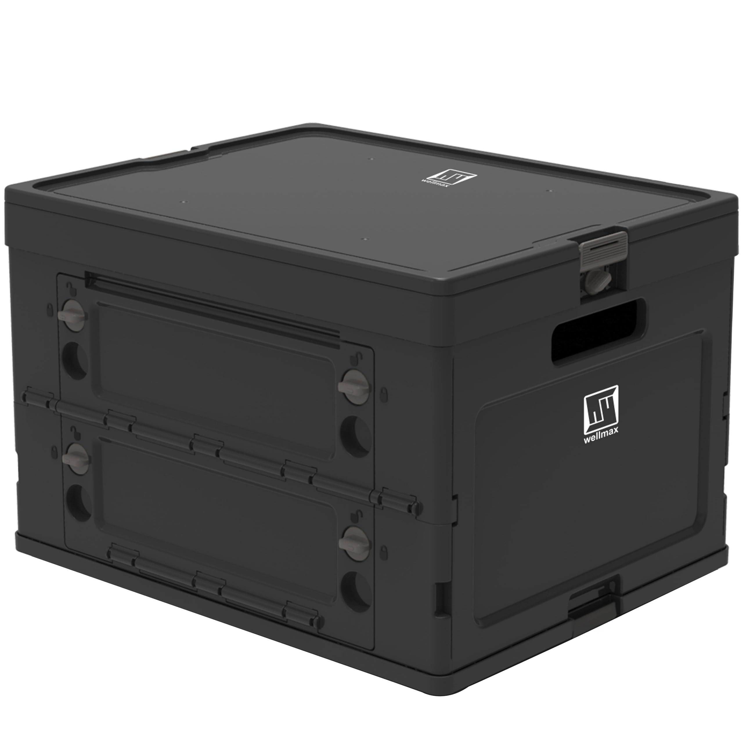 Wellmax Collapsible Crate with Lid - 44lbs Stackable Foldable Crate for Groceries, Office & Car Trunk Organizing - Black