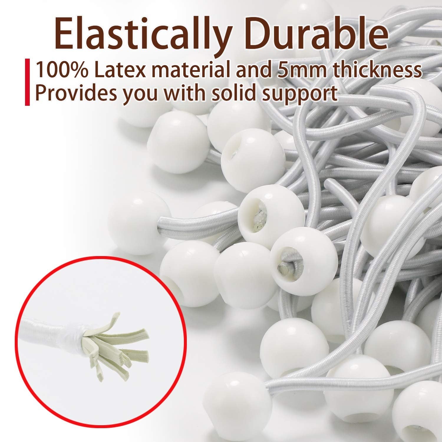 9 Inch White 25PC 6 inch 50 Piece Heavy Duty 5mm Ball Bungee Canopy Cord By Wellmax, White Color