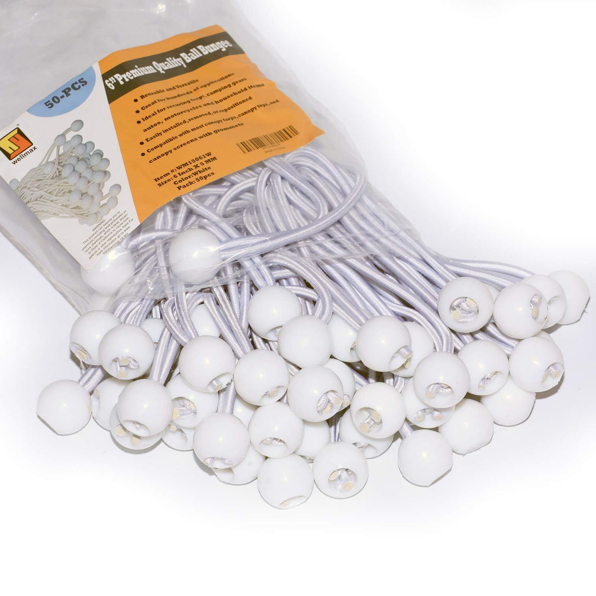 6 Inch White 50PC 6 inch 50 Piece Heavy Duty 5mm Ball Bungee Canopy Cord By Wellmax, White Color