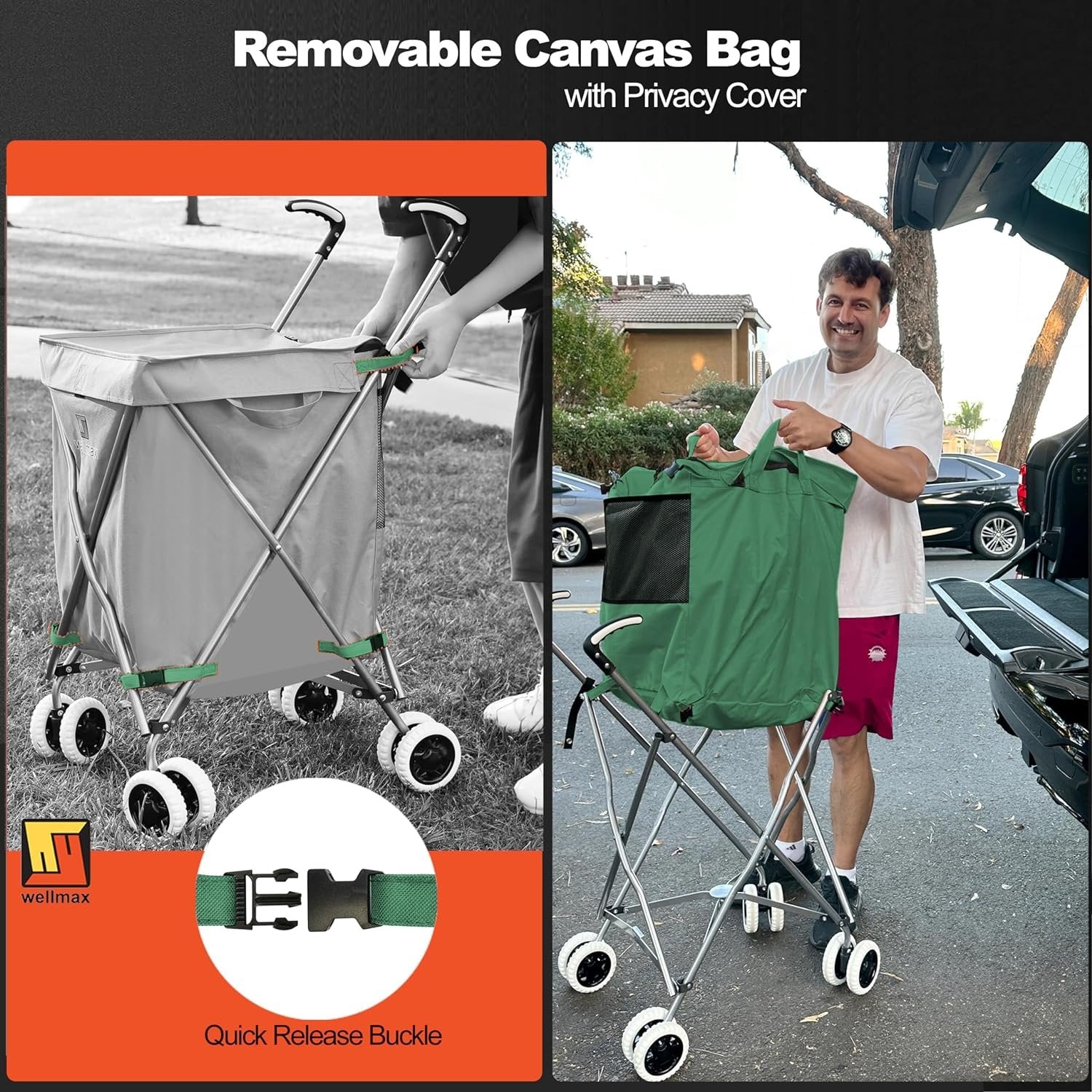 Wellmax WM99100 Series Folding Shopping Cart with Wheels, Grocery Cart with Removable Canvas with Cover, Lightweight Utility Cart for Groceries and Laundry - Holds up to 120 lbs