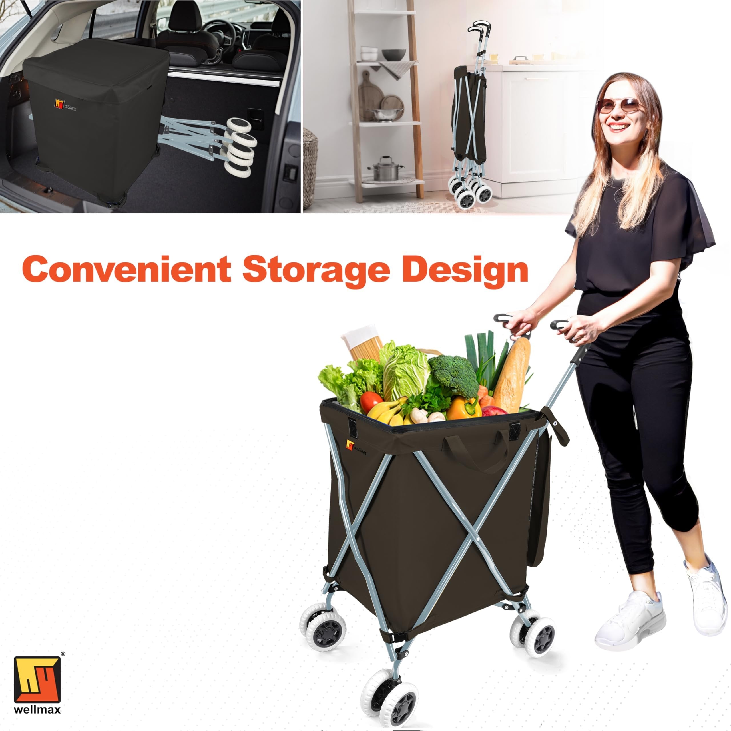 Wellmax WM99100 Series Folding Shopping Cart with Wheels, Grocery Cart with Removable Canvas with Cover, Lightweight Utility Cart for Groceries and Laundry - Holds up to 120 lbs (Orange)