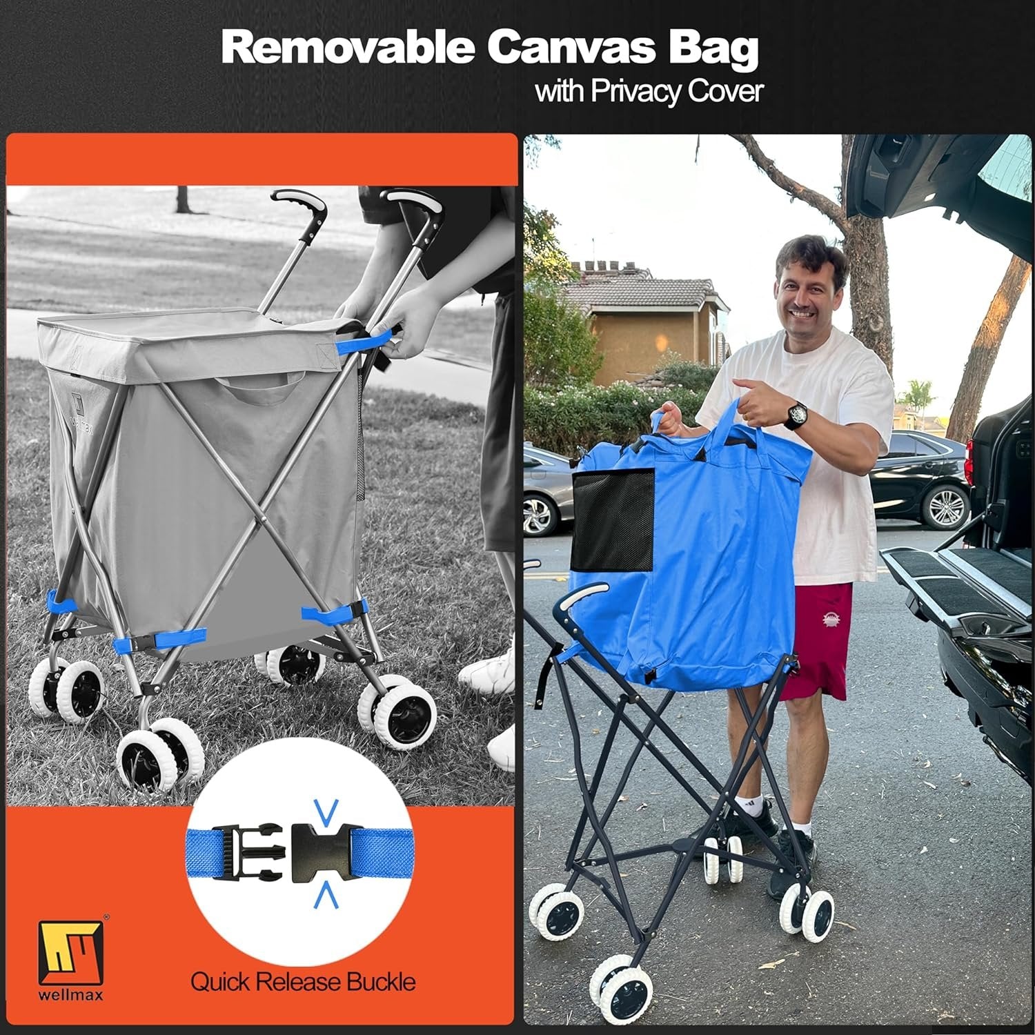 Wellmax WM99100 Series Folding Shopping Cart with Wheels, Grocery Cart with Removable Canvas with Cover, Lightweight Utility Cart for Groceries and Laundry - Holds up to 120 lbs