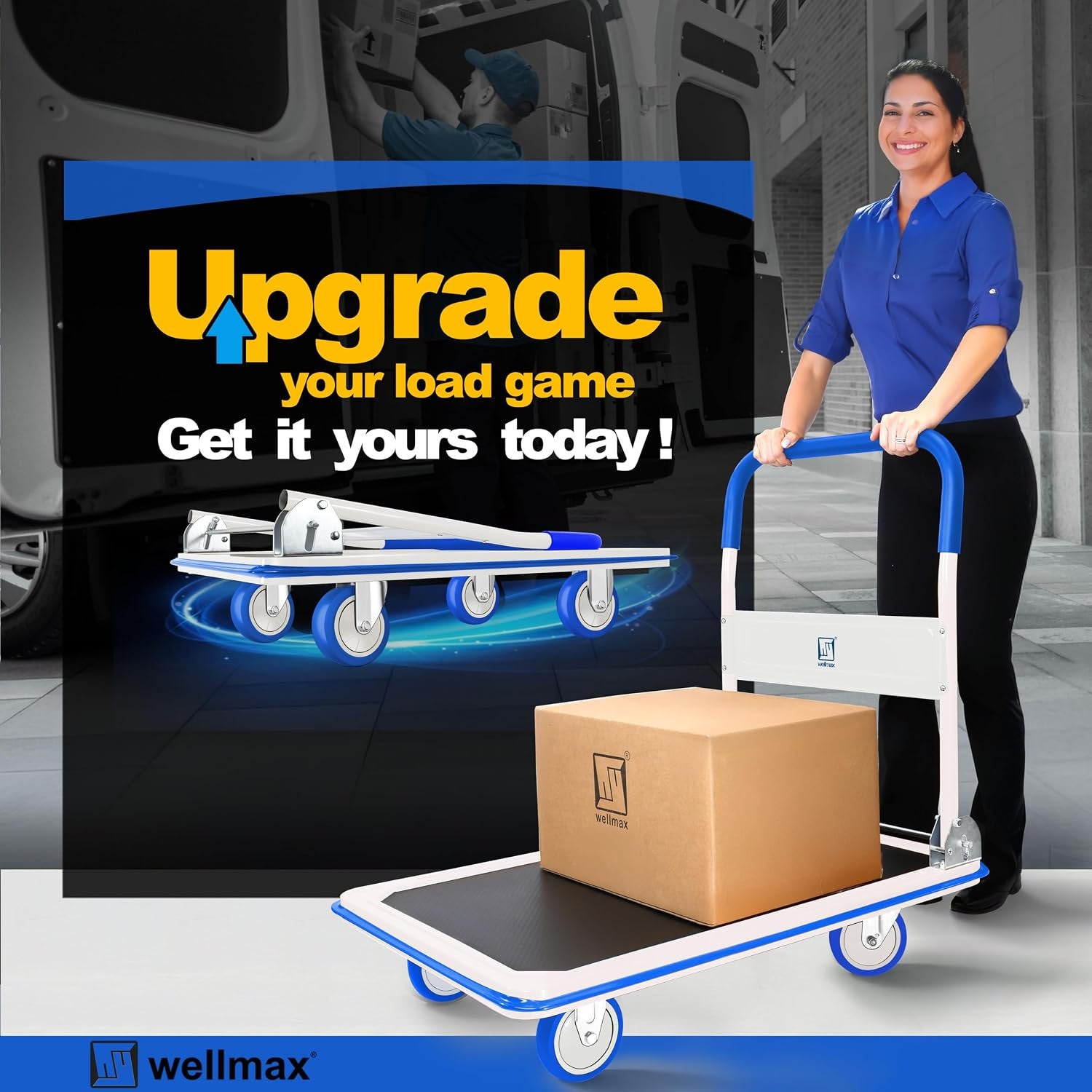 Push Cart Dolly by Wellmax, Moving Platform Hand Truck, Foldable for Easy Storage and 360 Degree Swivel Wheels with 660lb Weight Capacity, Yellow Color