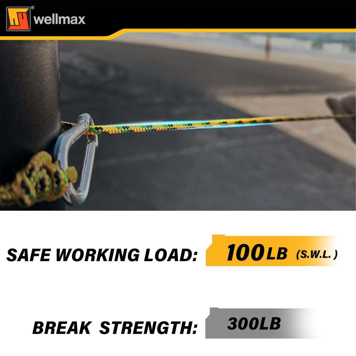 Wellmax 3/16" x 100' Diamond Braided Polypropylene Rope with UV Protection and Weather Resistance, Yellow/Black - 2 Pack