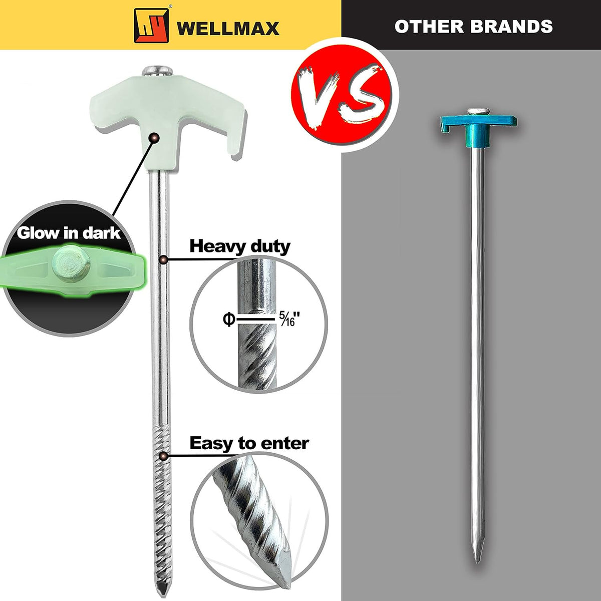 Wellmax 10PC Heavy Duty Tent Stakes with 2PC Glow in Dark Rope 3/16" x50ft and 1/4" x50ft (Black)