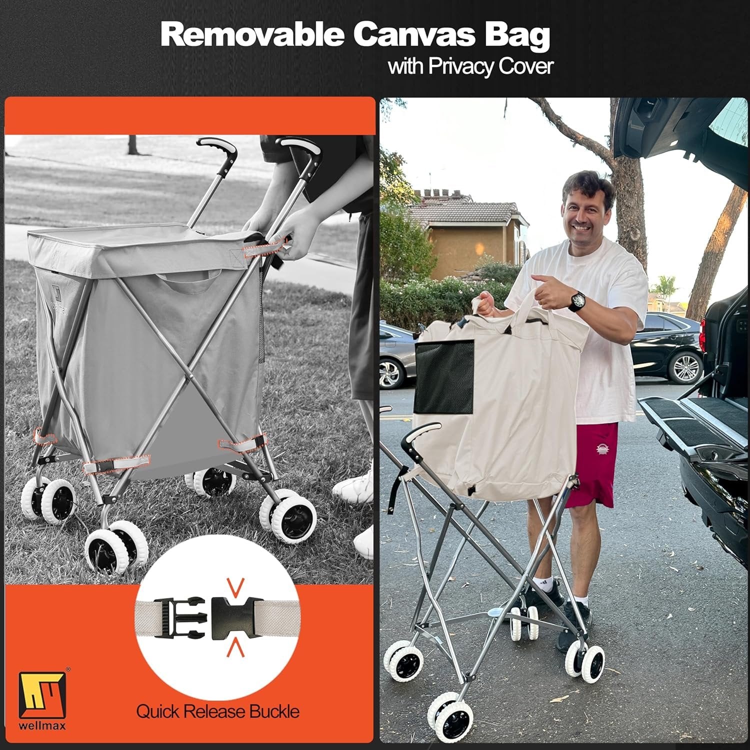 Wellmax WM99100 Series Folding Shopping Cart with Wheels, Grocery Cart with Removable Canvas with Cover, Lightweight Utility Cart for Groceries and Laundry - Holds up to 120 lbs