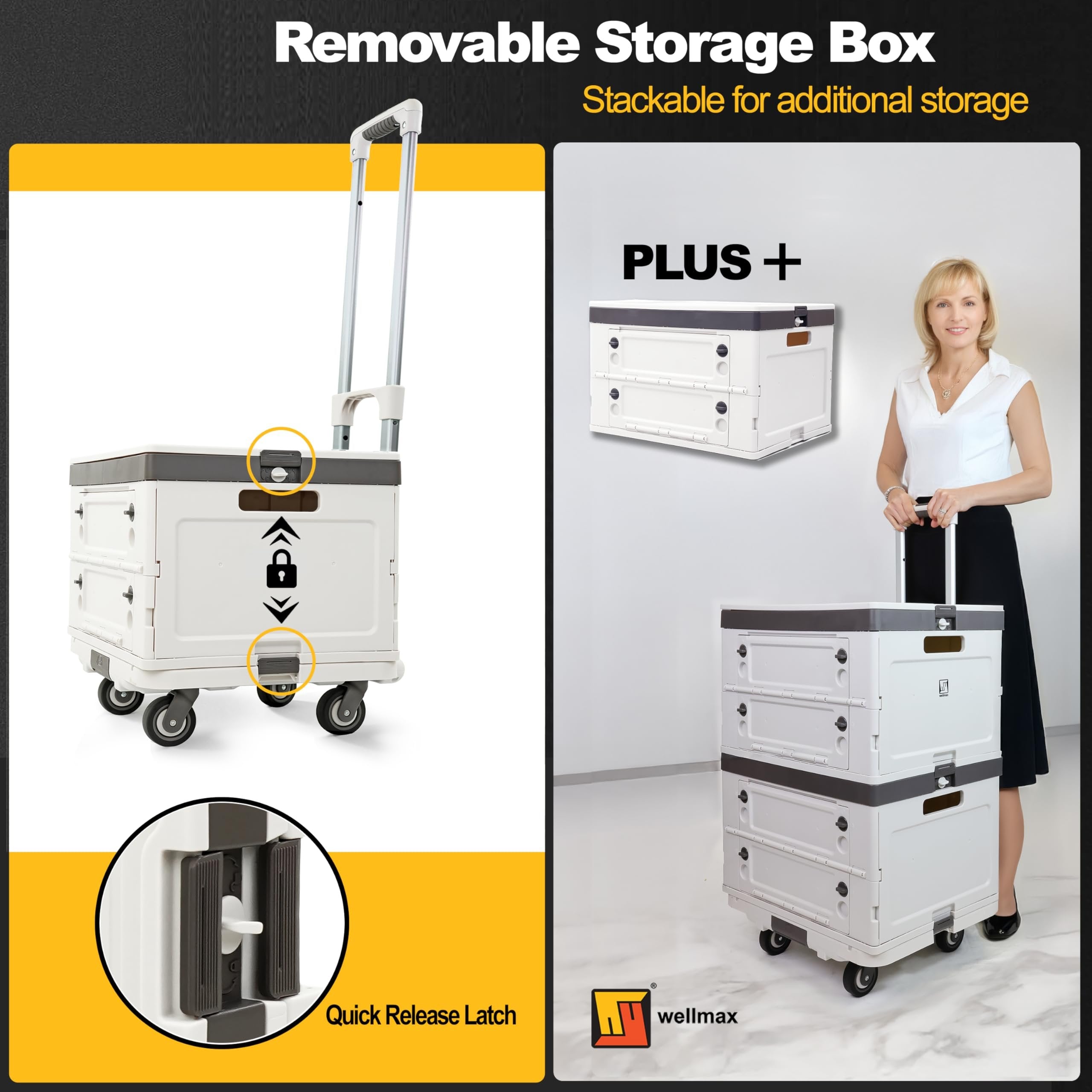 Wellmax WM99800 Series Rolling Crate with Wheels, Foldable Utility Cart with Aluminum Handle, Silent Wheels, 132 lbs Capacity - Ideal for Teachers, Shopping, & Office