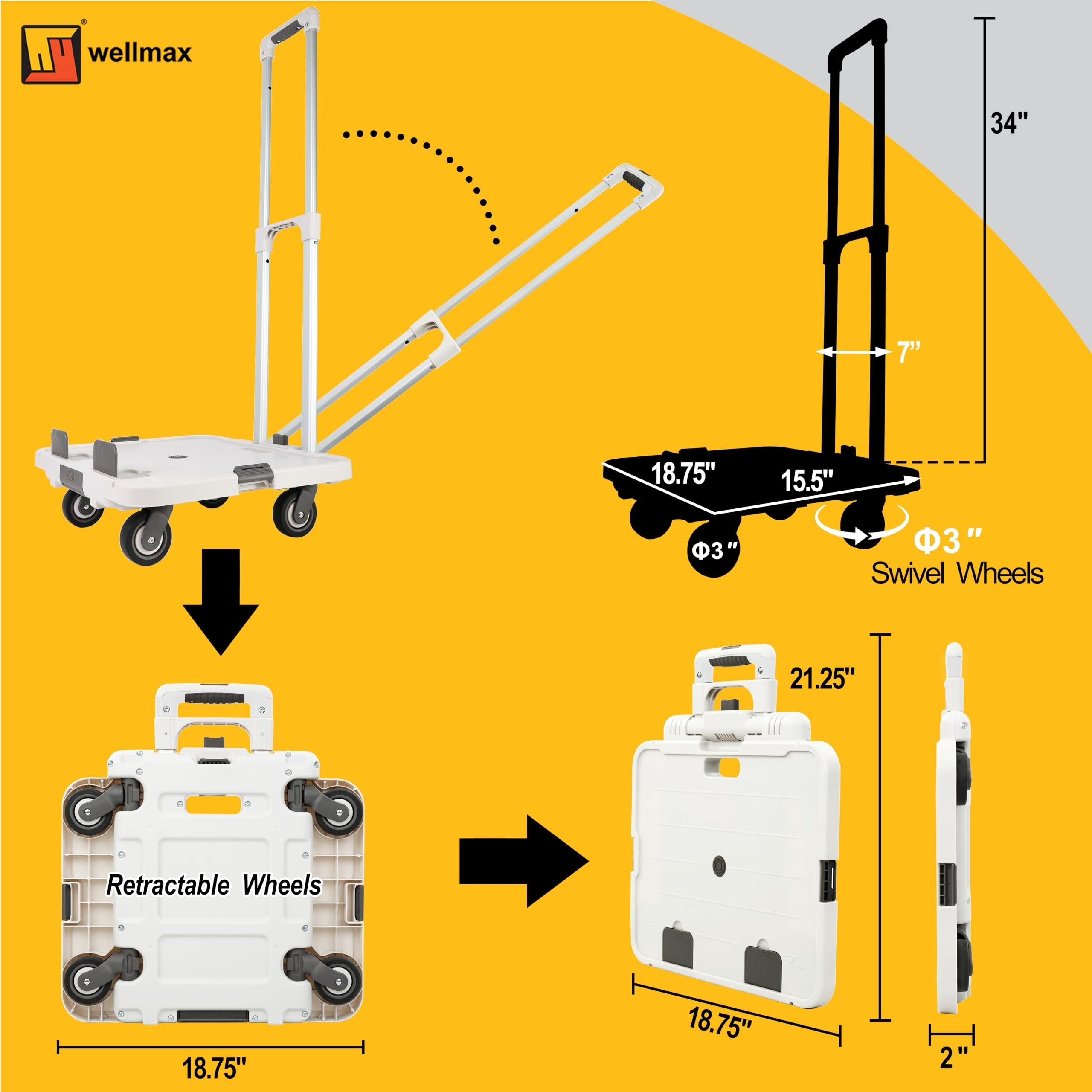 Wellmax WM99800 Series Rolling Crate with Wheels, Foldable Utility Cart with Aluminum Handle, Silent Wheels, 132 lbs Capacity - Ideal for Teachers, Shopping, & Office