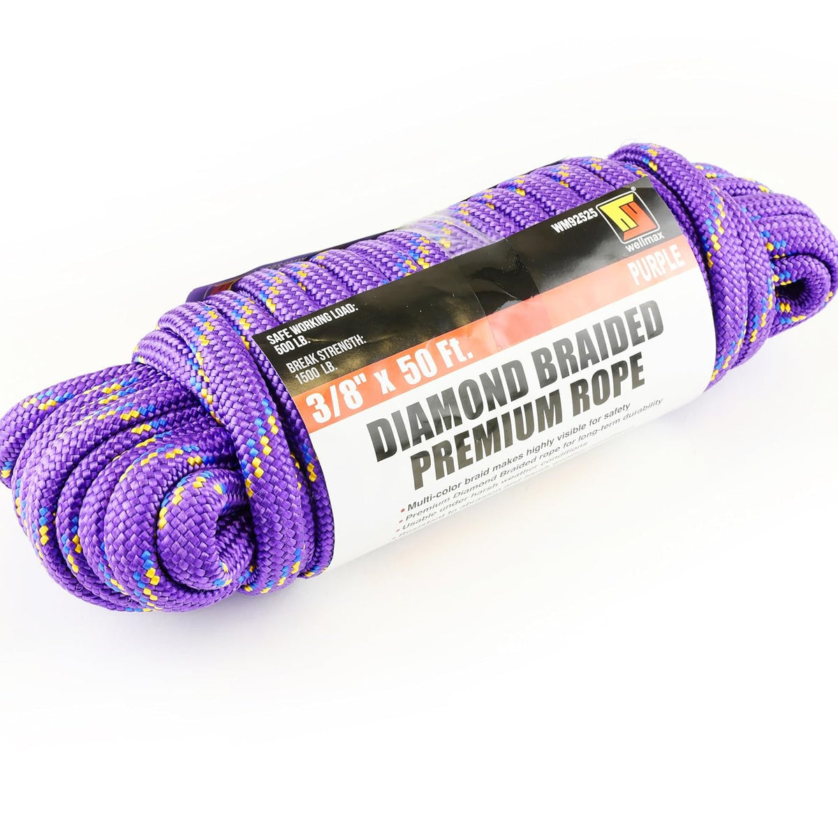 Wellmax Diamond Braid Nylon Rope – Extra Thick All Purpose Braided Flag Line Utility Line with Shock Absorption – UV Resistant, High Strength & Weather Resistant - 3/8" X 50FT