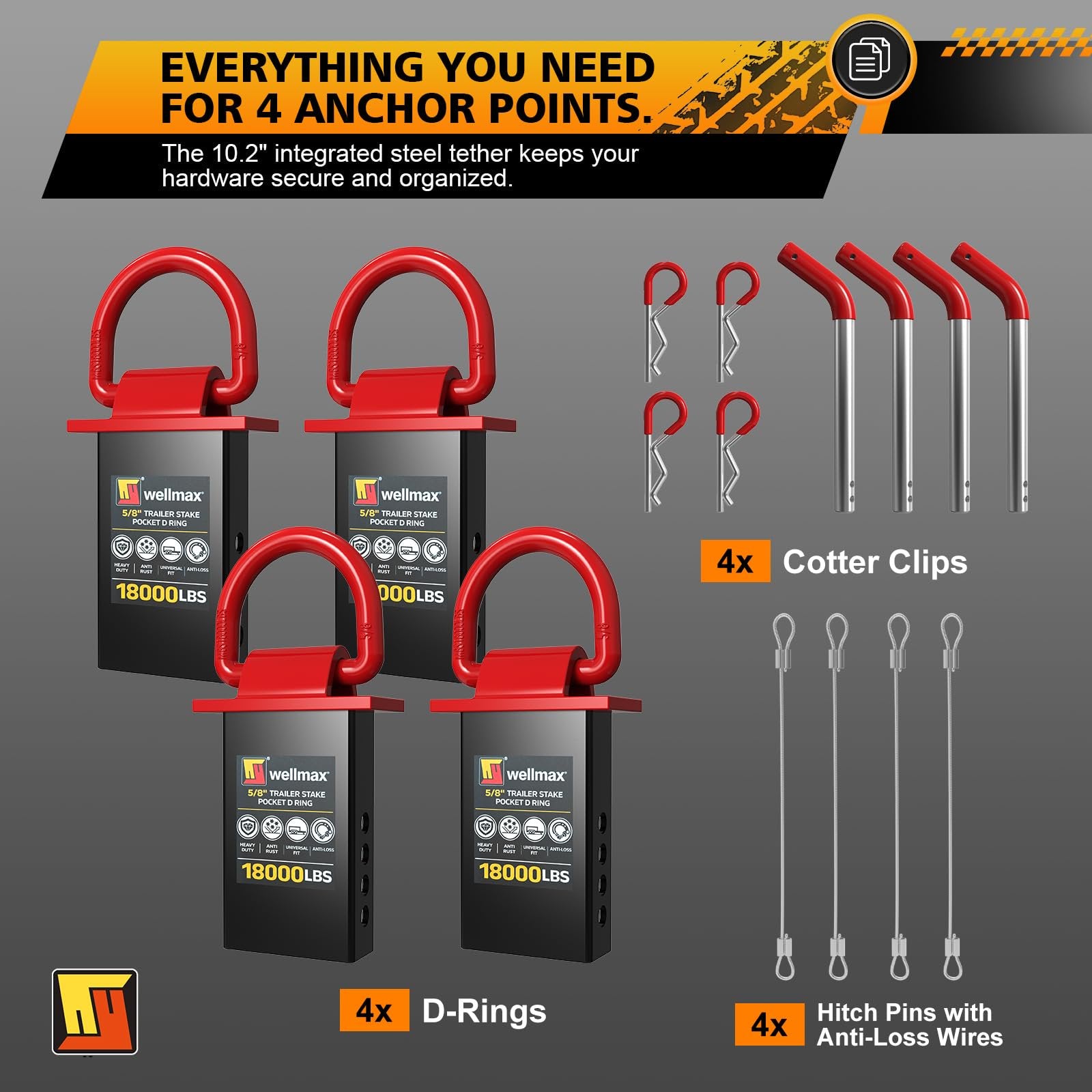 Wellmax 4-Pack Stake Pocket D Rings - Heavy Duty 5/8" Trailer Tie Down Anchors for Utility & Flatbed Trailers - 18,000 LBS Break Strength Removable D Ring with Hitch Pins & Anti-Loss Wire