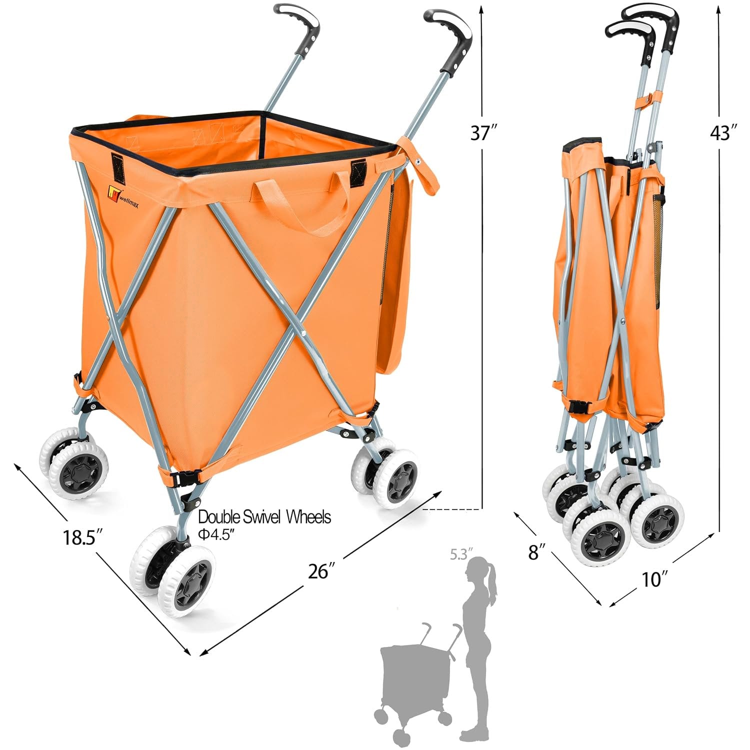 Wellmax WM99100 Series Folding Shopping Cart with Wheels, Grocery Cart with Removable Canvas with Cover, Lightweight Utility Cart for Groceries and Laundry - Holds up to 120 lbs (Orange)