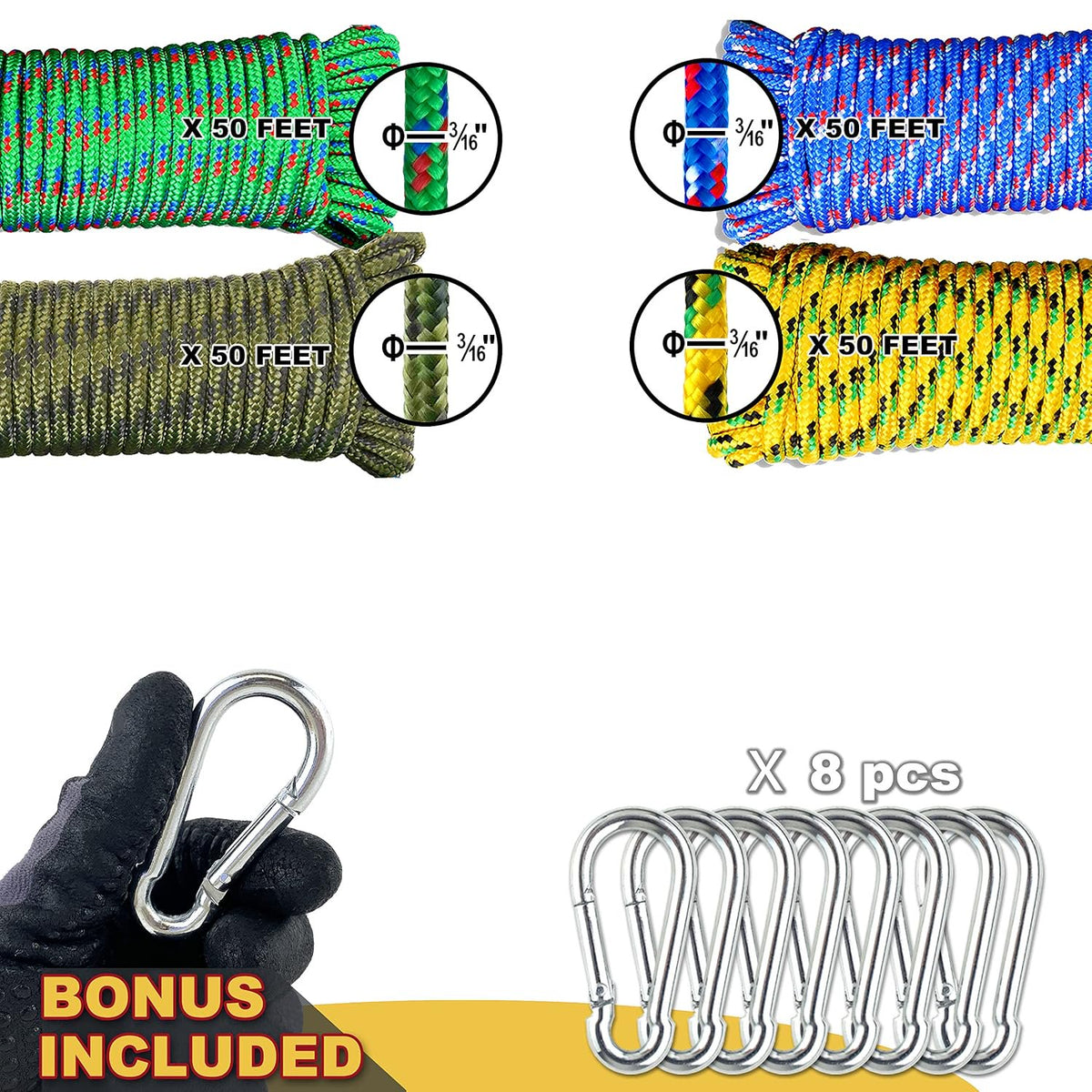 Wellmax Diamond Braided Polypropylene Rope with UV Treatment and Weather Resistant, 4 Pack 3/16 inch x 50ft Multi-Color
