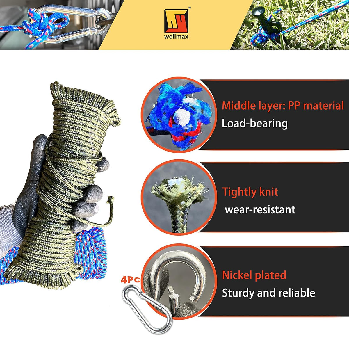 Wellmax Diamond Braided Polypropylene Rope with UV Treatment and Weather Resistant, 4 Pack 3/16 inch x 50ft Multi-Color