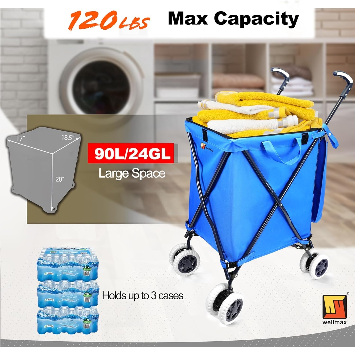 Wellmax WM99100 Series Folding Shopping Cart with Wheels, Grocery Cart with Removable Canvas with Cover, Lightweight Utility Cart for Groceries and Laundry - Holds up to 120 lbs