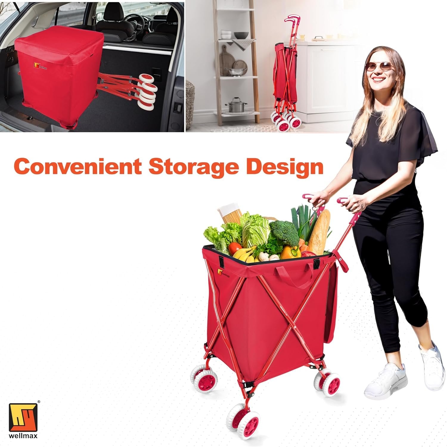 Wellmax WM99100 Series Folding Shopping Cart with Wheels, Grocery Cart with Removable Canvas with Cover, Lightweight Utility Cart for Groceries and Laundry - Holds up to 120 lbs